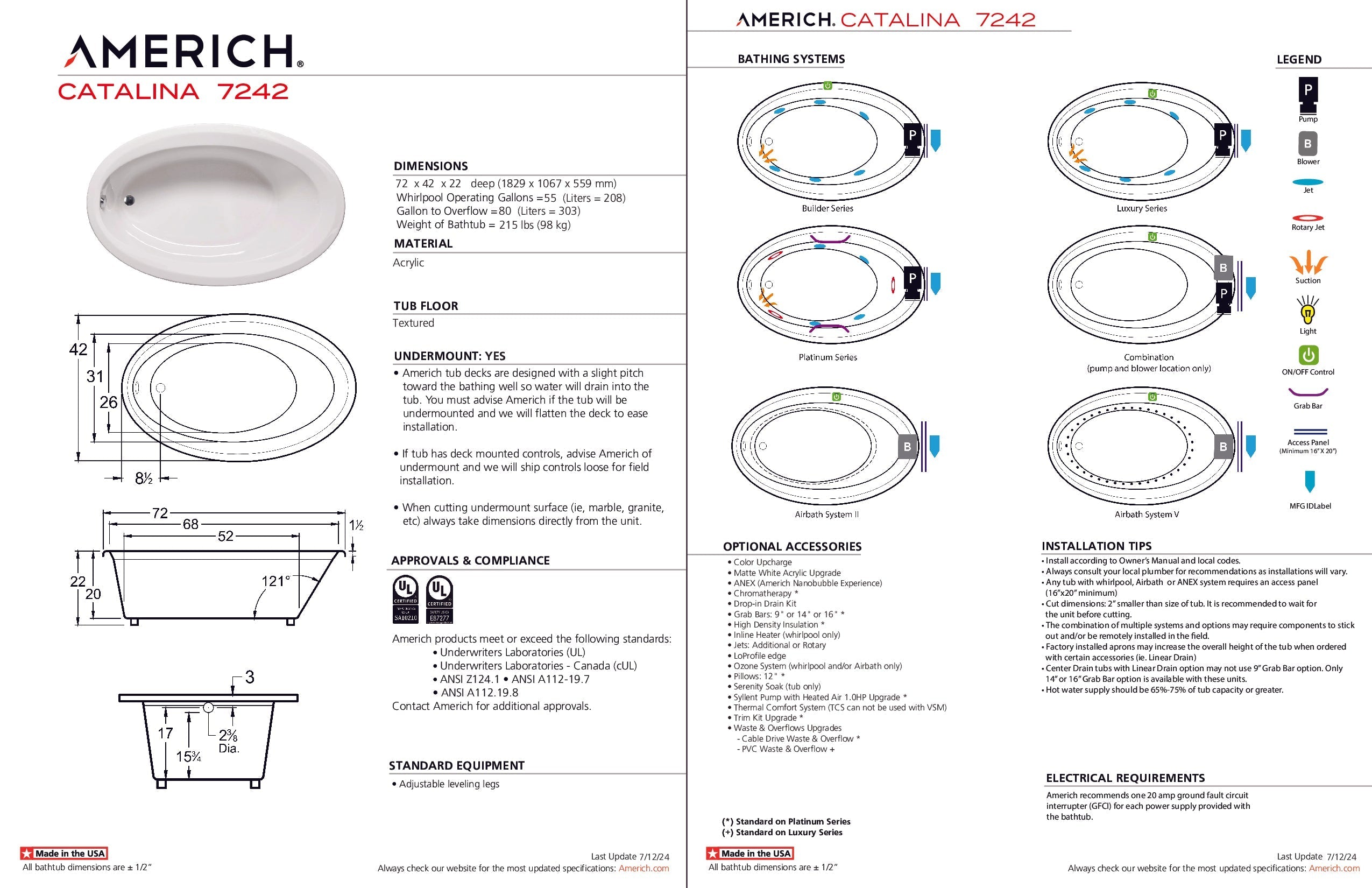 Americh Catalina 7242 - Builder Series Drop-in Bathtub CA7242B-WH