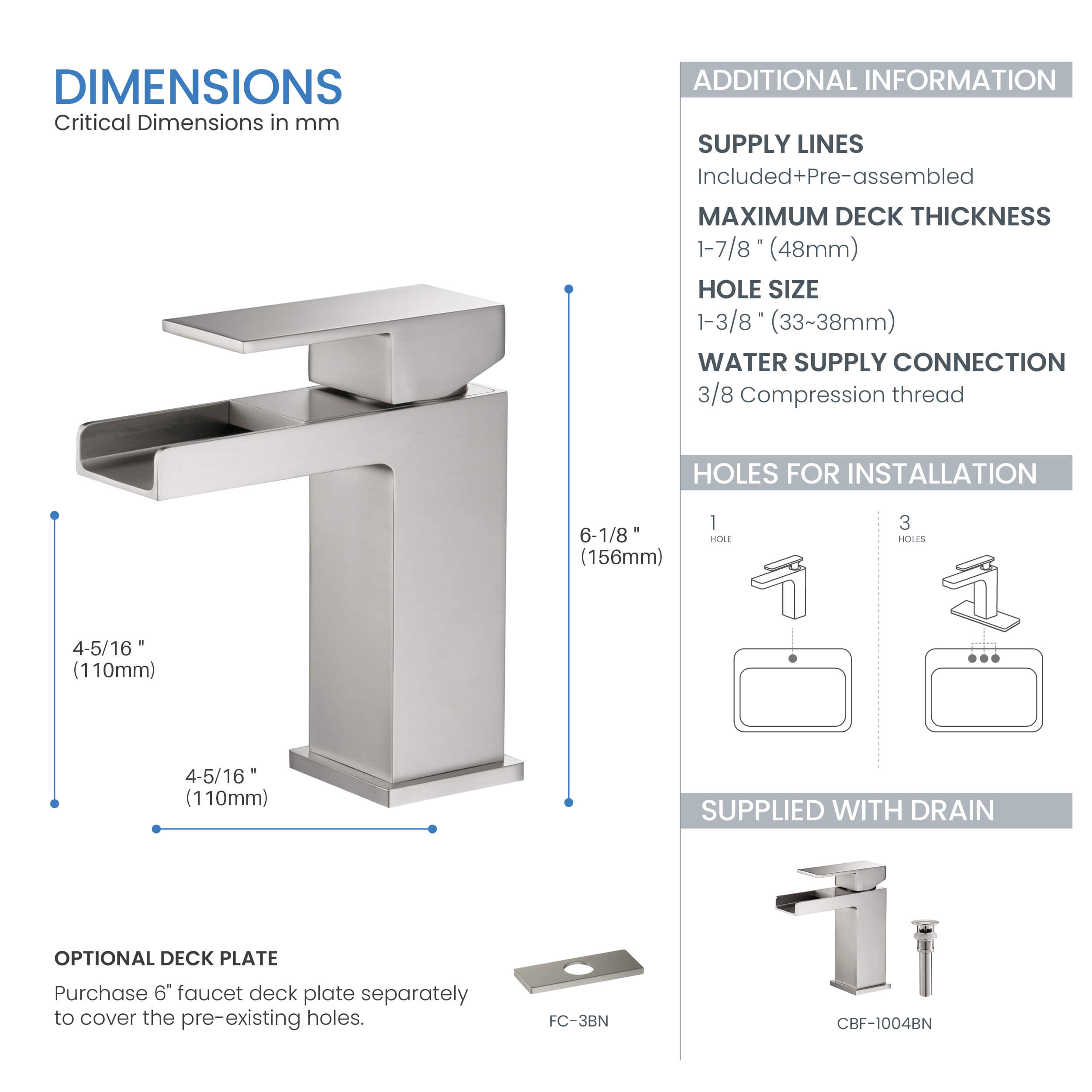 Quadra Waterfall Single Handle Bathroom Vanity Sink Faucet with Pop Up Drain