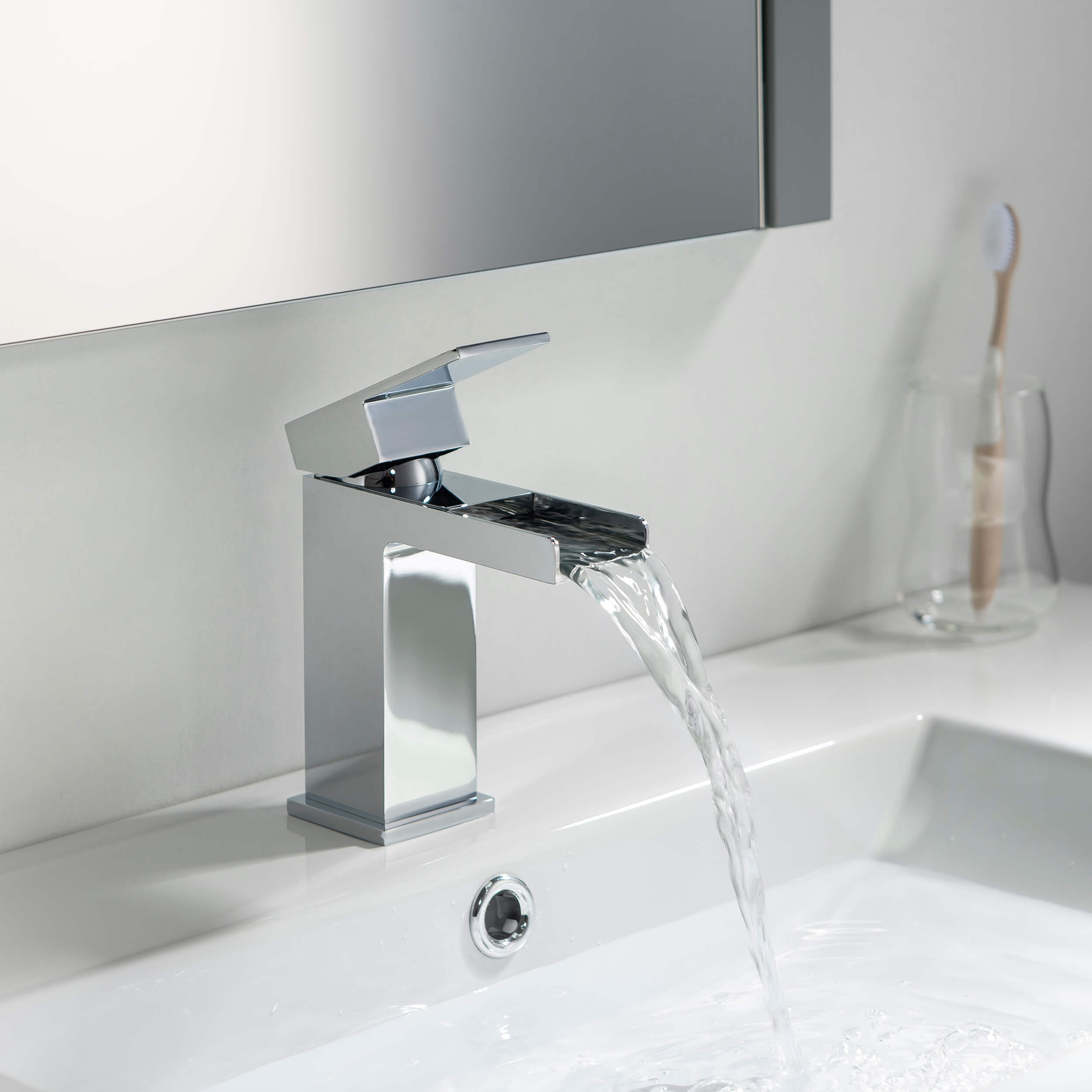 Quadra Waterfall Single Handle Bathroom Vanity Sink Faucet with Pop Up Drain