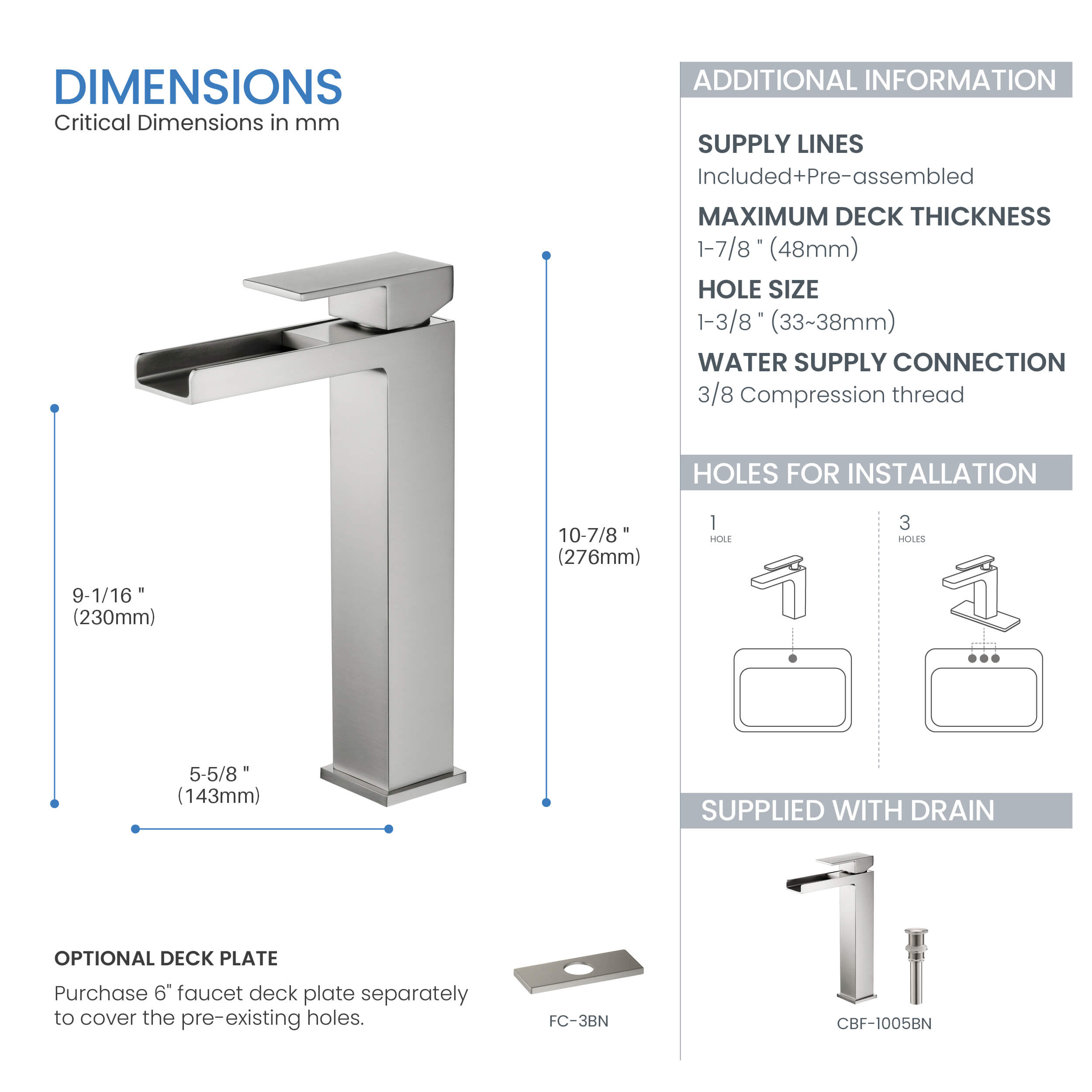Quadra Waterfall Single Handle Bathroom Vessel Sink Faucet with Pop Up Drain