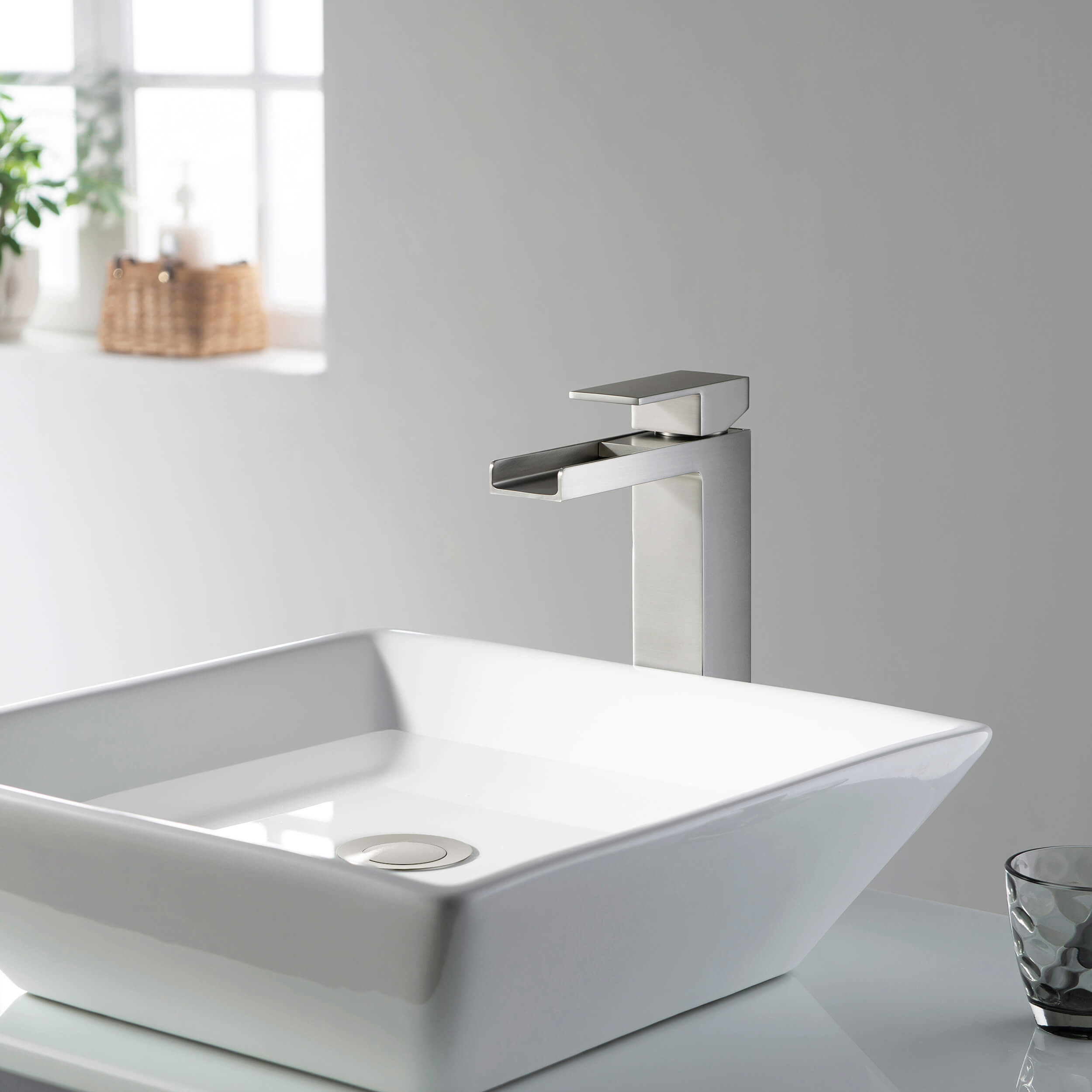 Quadra Waterfall Single Handle Bathroom Vessel Sink Faucet with Pop Up Drain