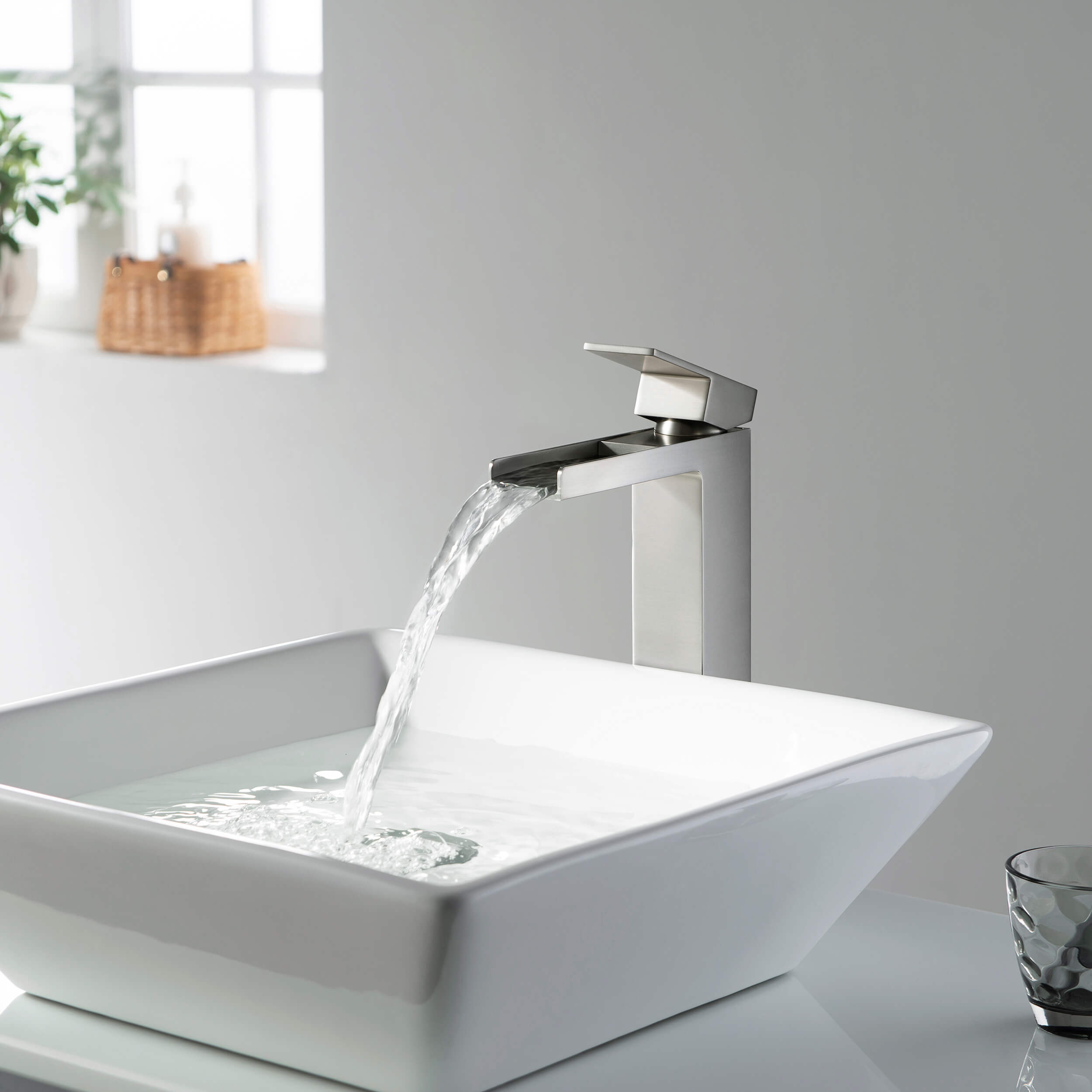 Quadra Waterfall Single Handle Bathroom Vessel Sink Faucet with Pop Up Drain