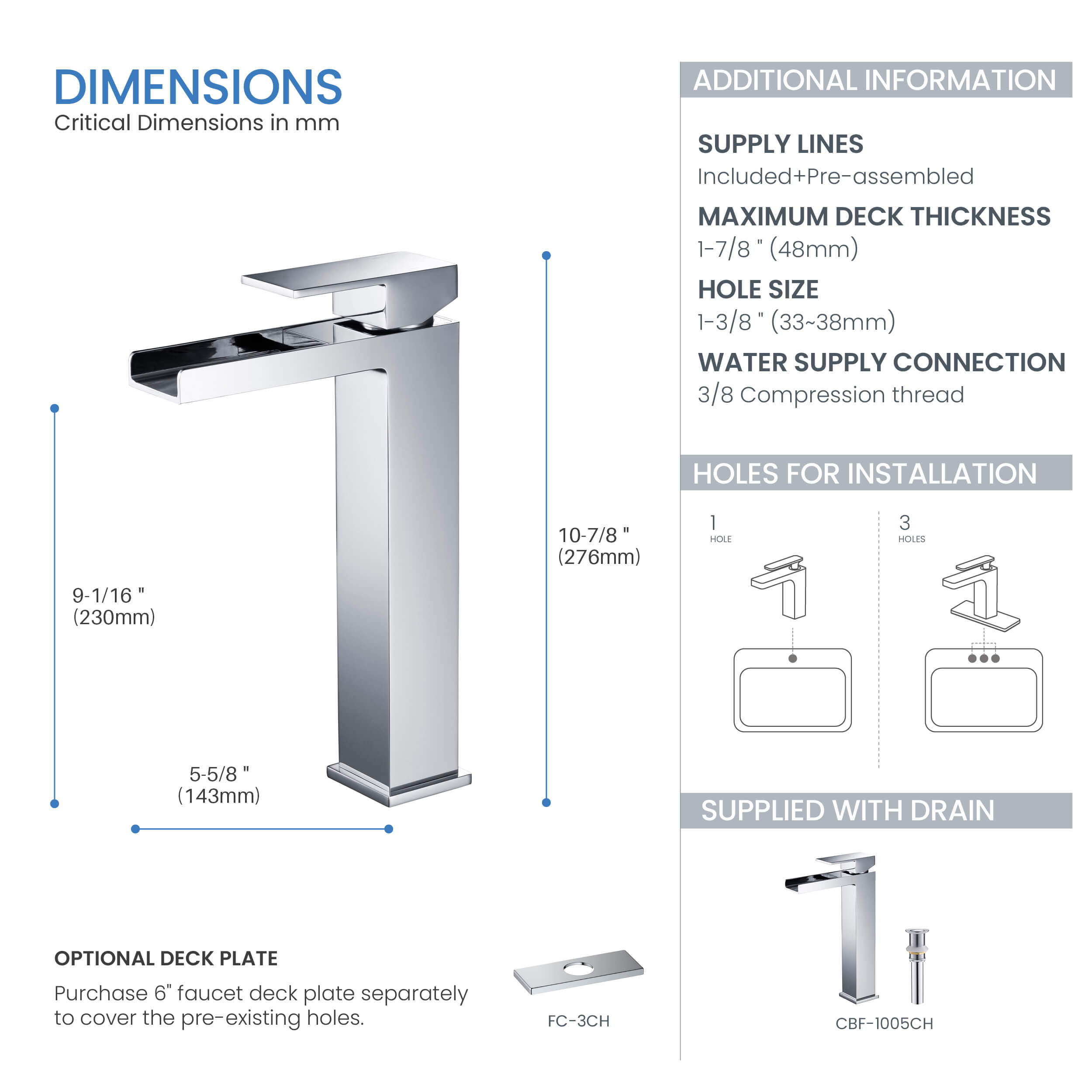 Quadra Waterfall Single Handle Bathroom Vessel Sink Faucet with Pop Up Drain
