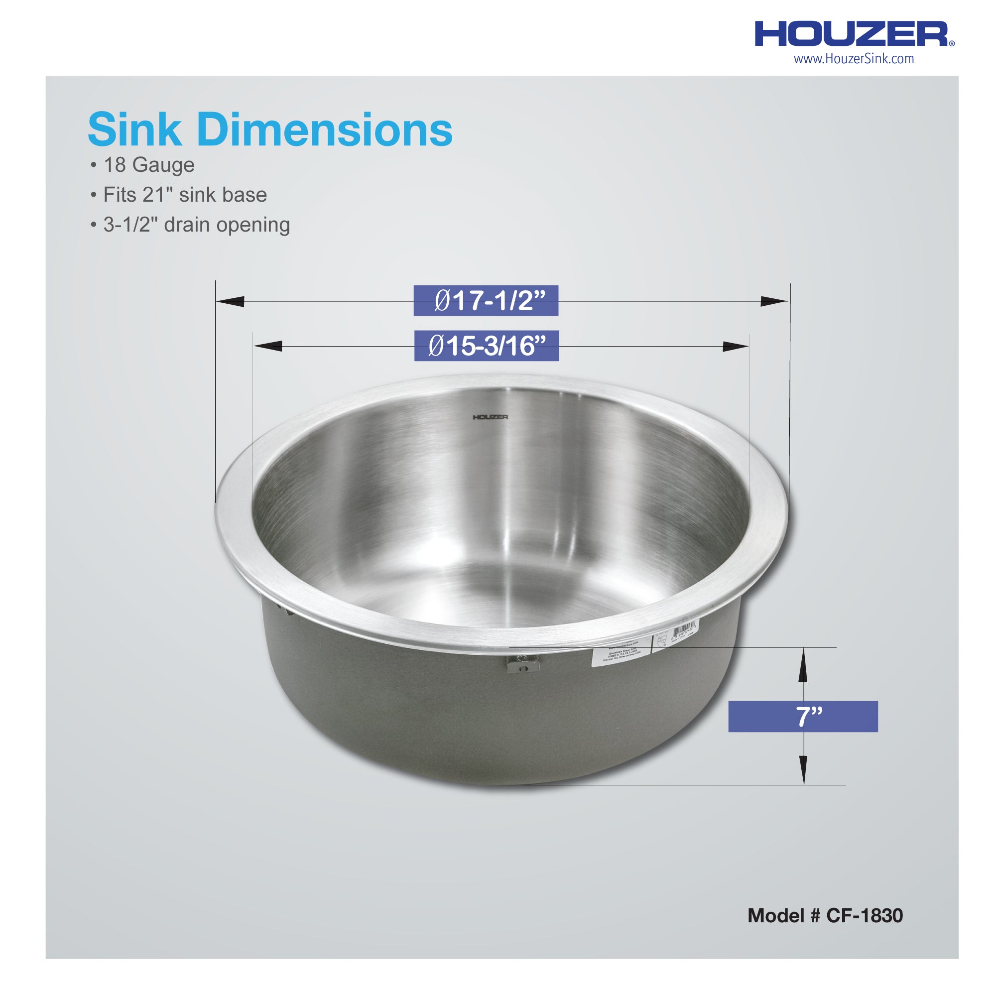 Houzer Club 18" Stainless Steel Undermount Single Round Bowl Bar Sink with Strainer
