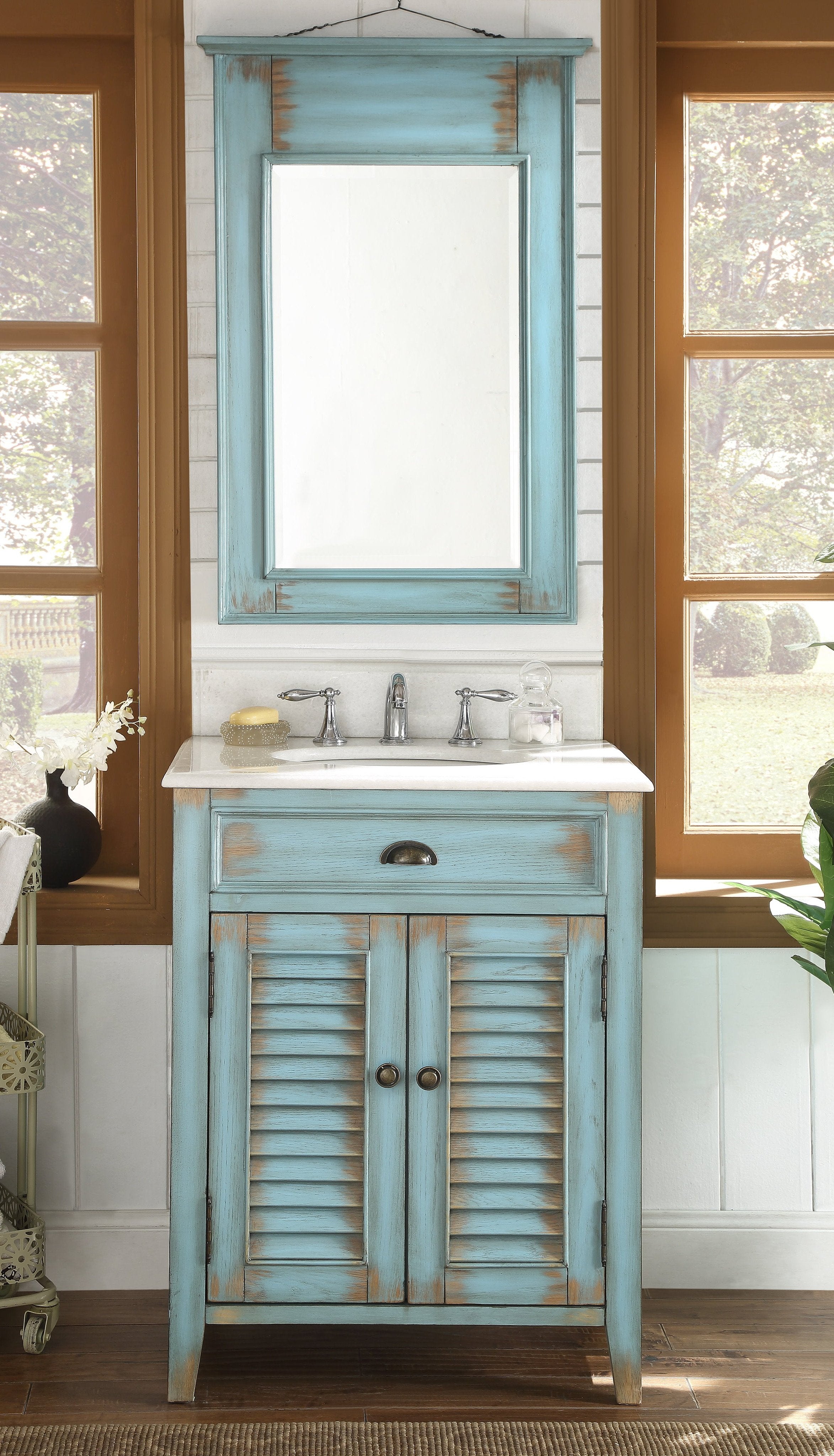 Chans Furniture CF-28883BU 26 Inch Abbeville Farmhouse Style Distressed Blue Bathroom Vanity With Marble Top