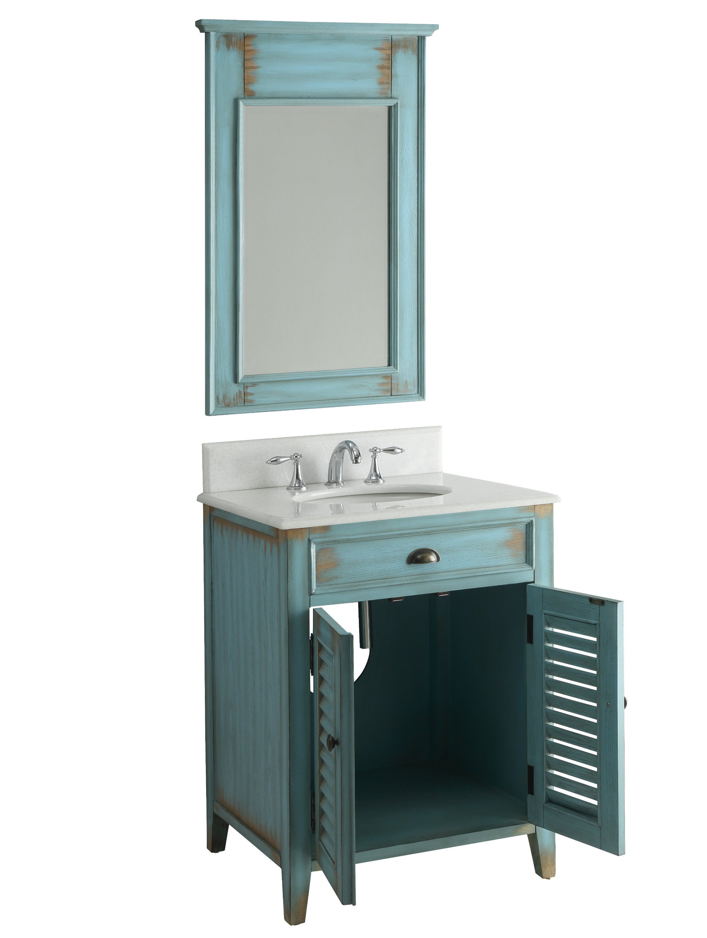 Chans Furniture CF-28883BU 26 Inch Abbeville Farmhouse Style Distressed Blue Bathroom Vanity With Marble Top