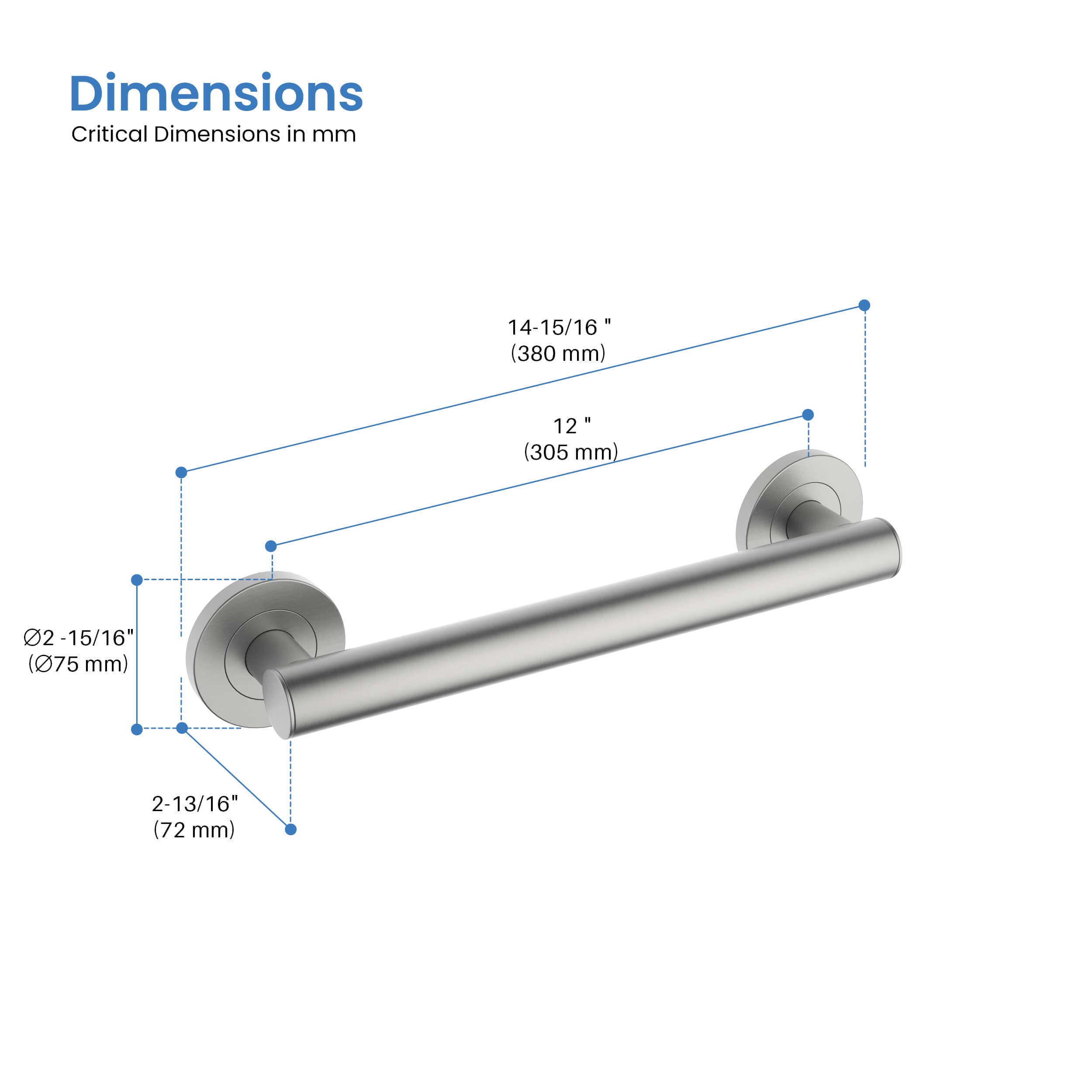 Casa 12" Stainless Steel Bathroom Safety Grab Bar