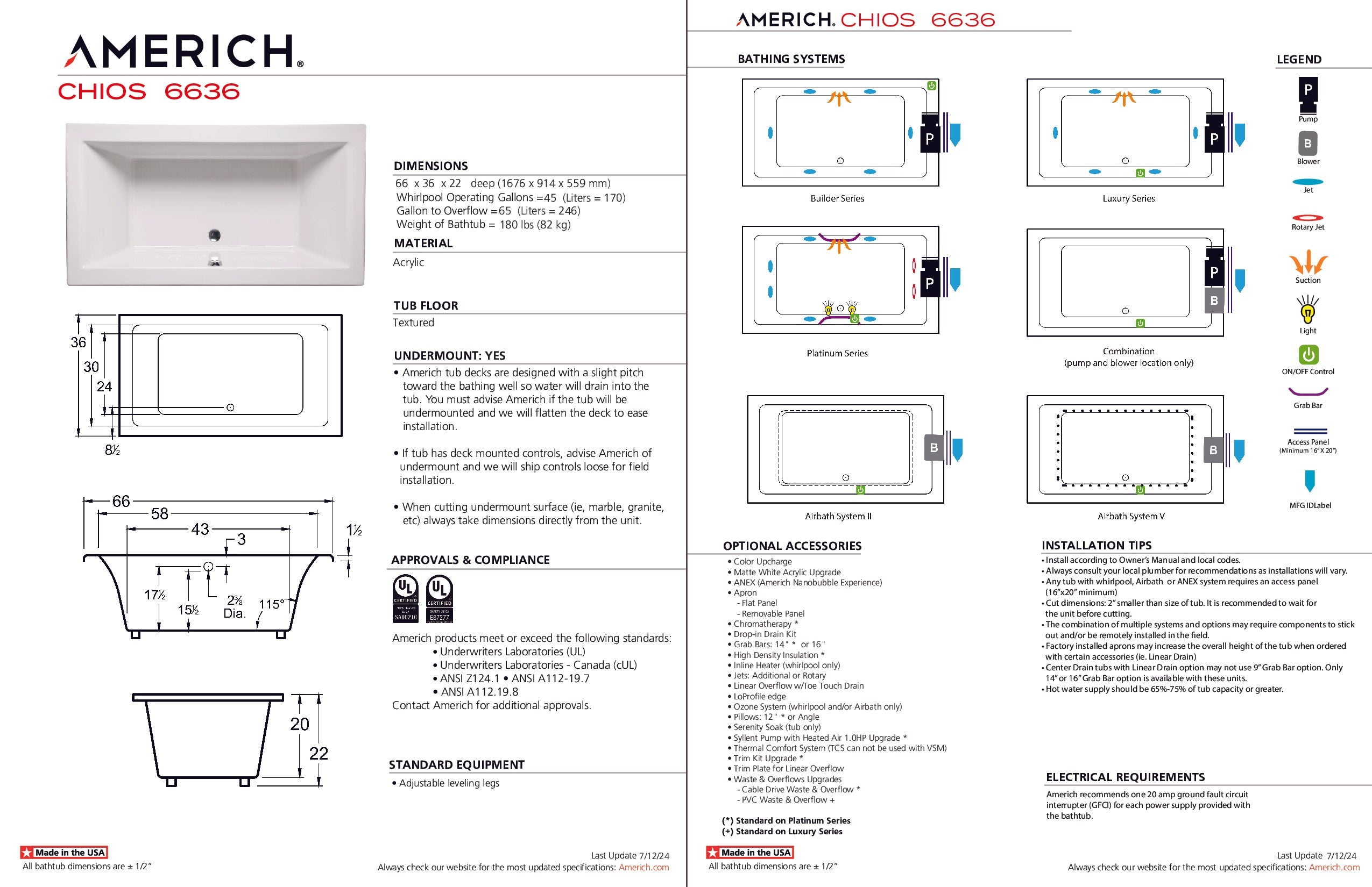 Americh Chios 6636 - Platinum Series Drop-In Bathtub CH6636P-WH