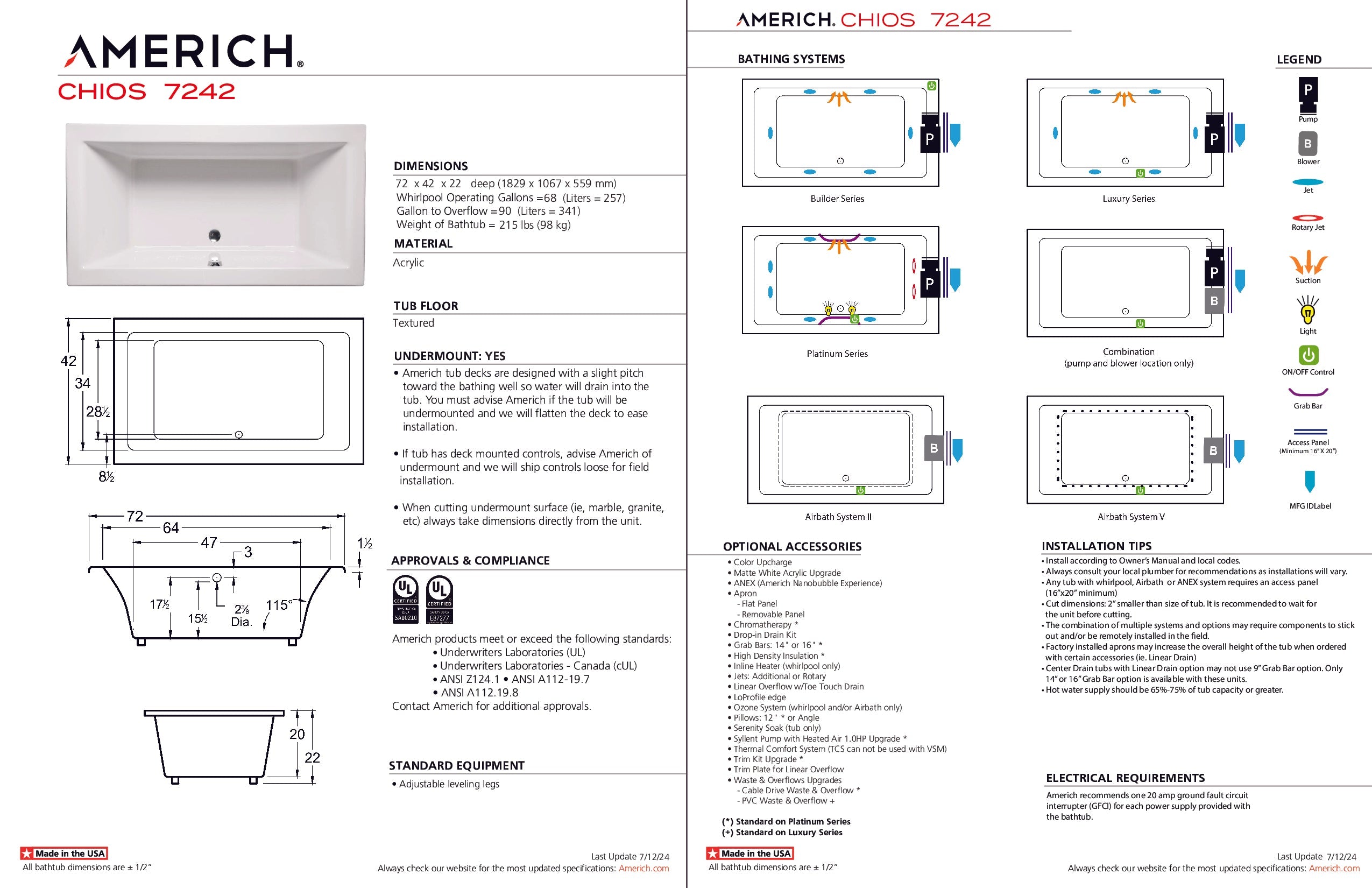 Americh Chios 7242 - Luxury Series Drop-In Bathtub CH7242L-WH