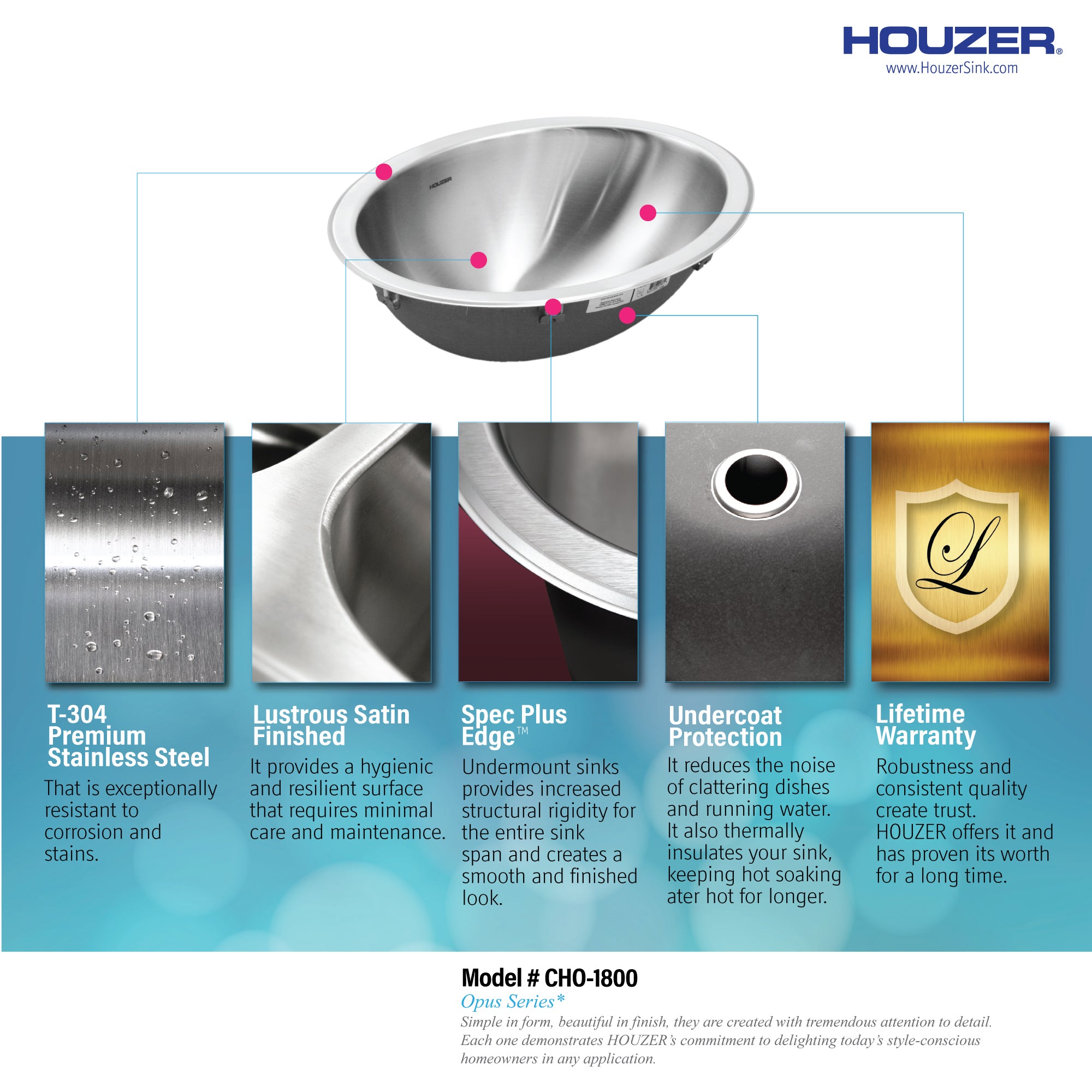 Houzer Opus 18" Stainless Steel Undermount Oval Bowl Bathroom Sink with Overflow Assembly