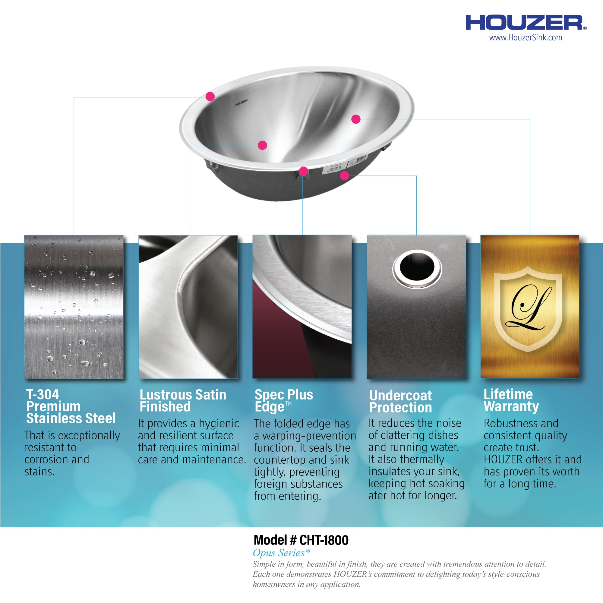 Houzer Opus 18" Stainless Steel Drop-in Topmount Oval Bathroom Sink without Overflow