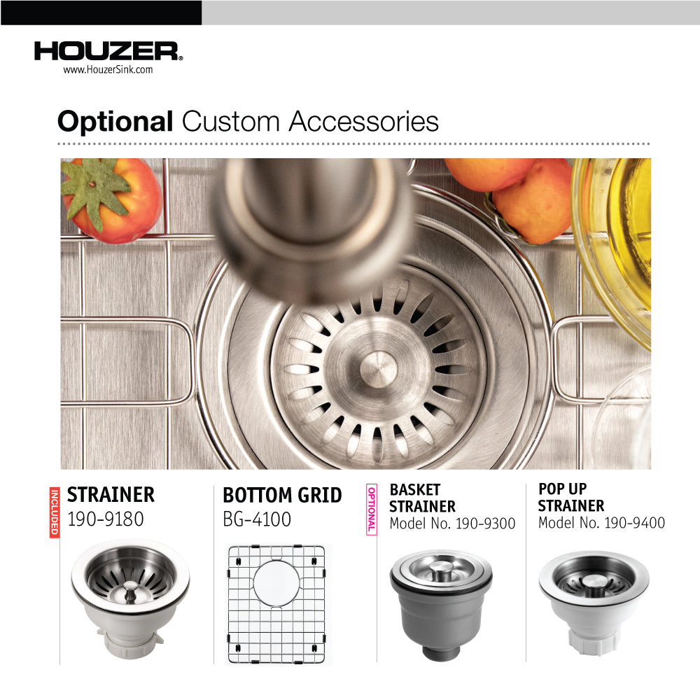 Houzer Savior 12" Stainless Steel Undermount Kitchen Bar Sink with Strainer & Grid