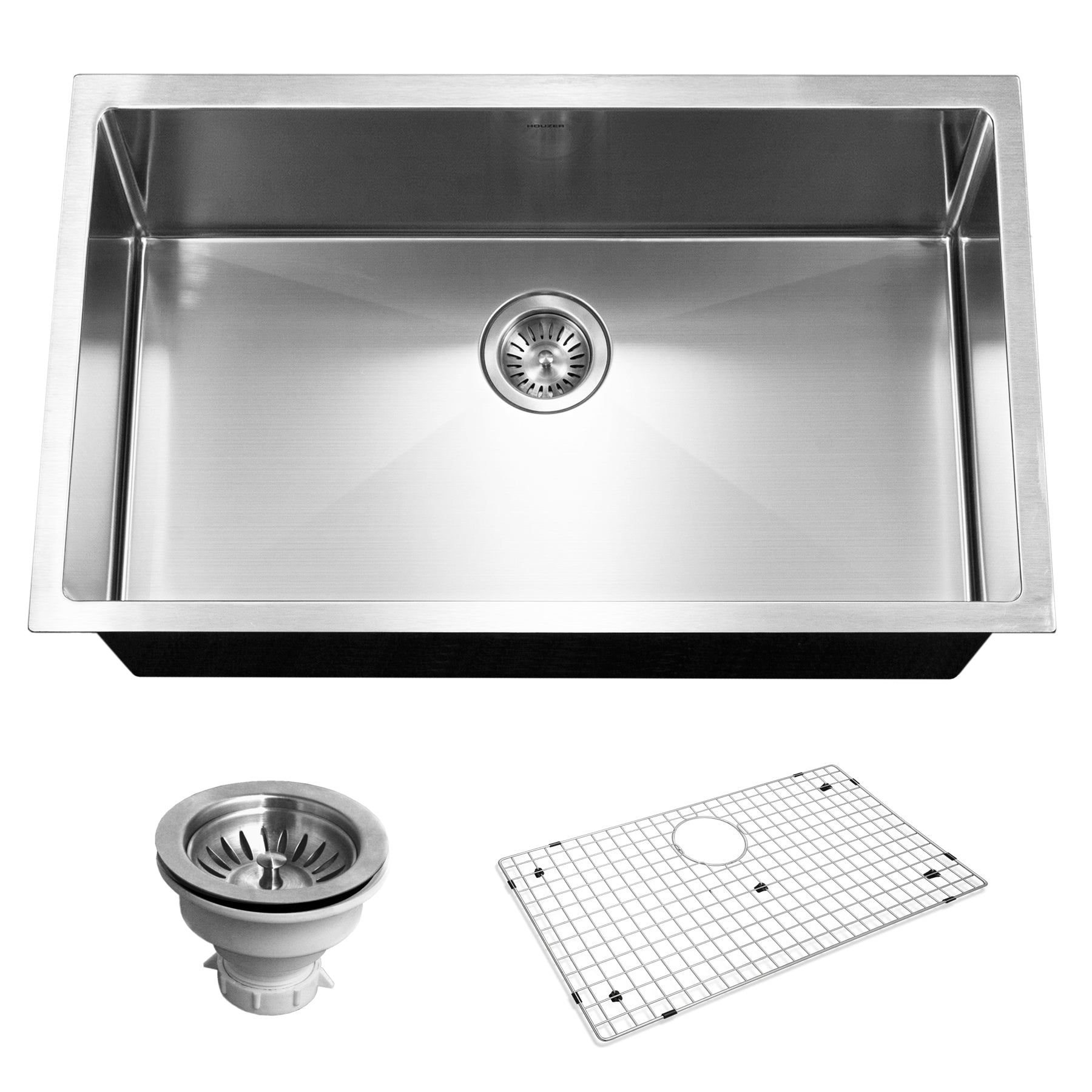 Houzer Savior 32" Stainless Steel Undermount Single Bowl Kitchen Sink with Strainer & Grid
