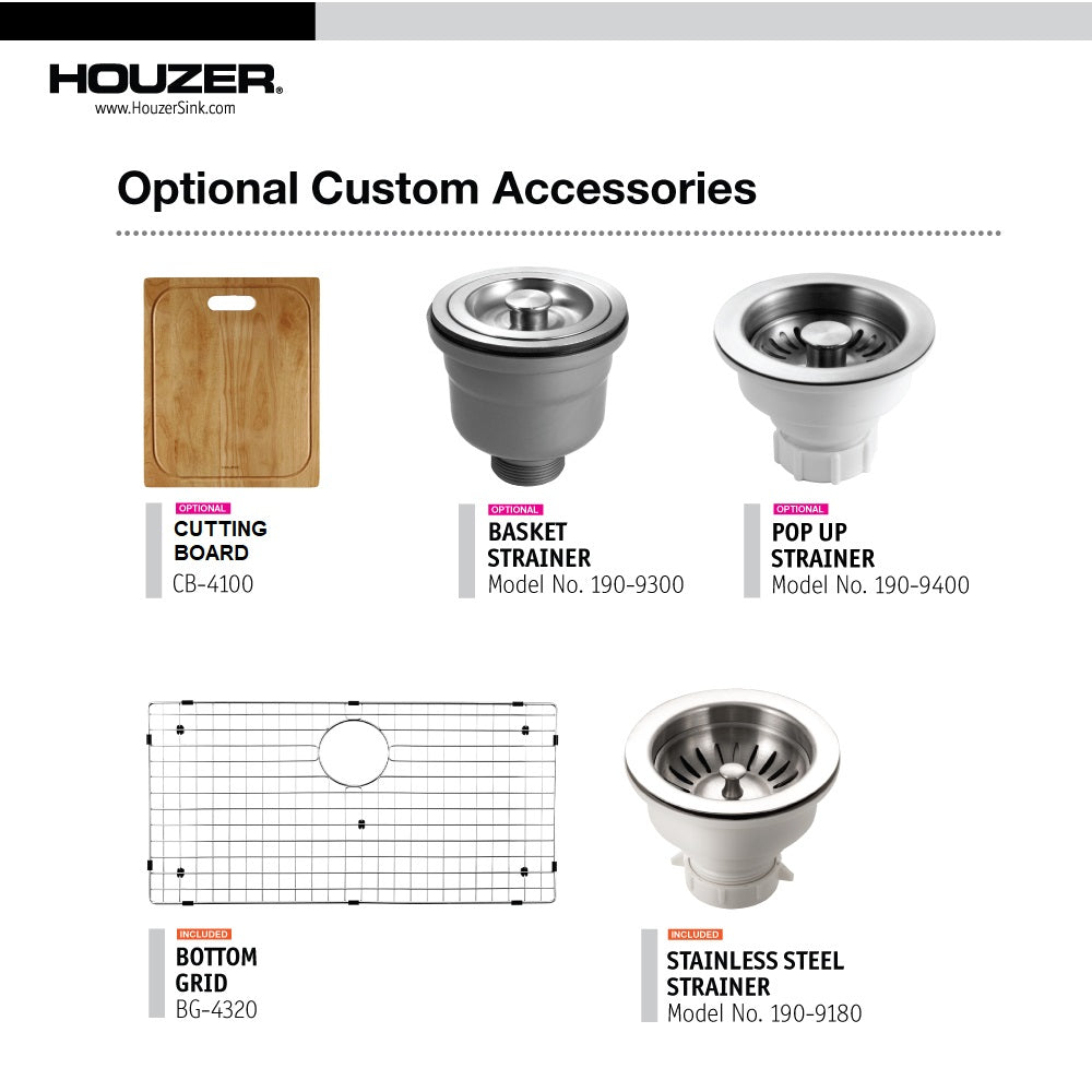 Houzer Savior 32" Stainless Steel Undermount Single Bowl Kitchen Sink with Strainer & Grid
