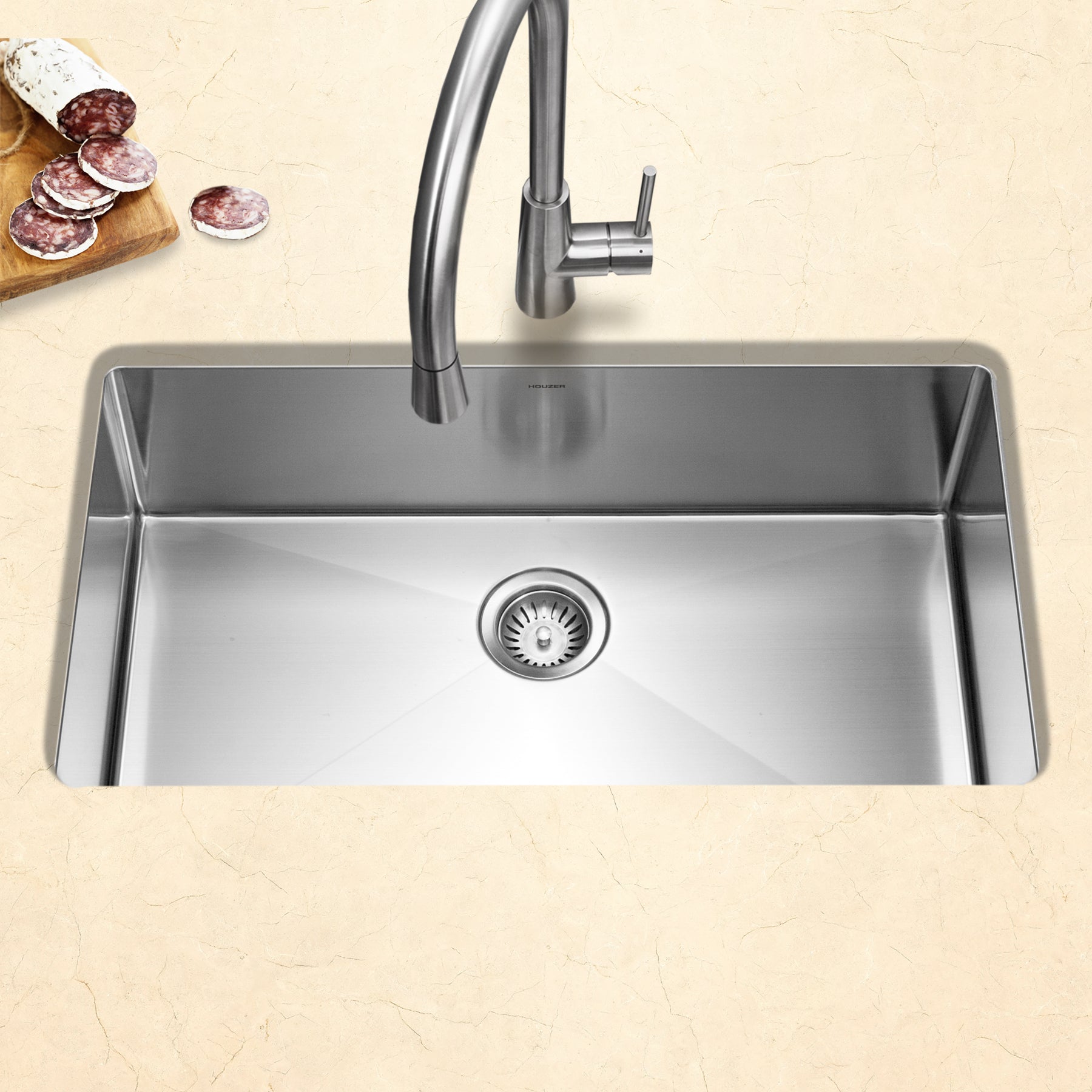 Houzer Savior 32" Stainless Steel Undermount Single Bowl Kitchen Sink with Strainer & Grid