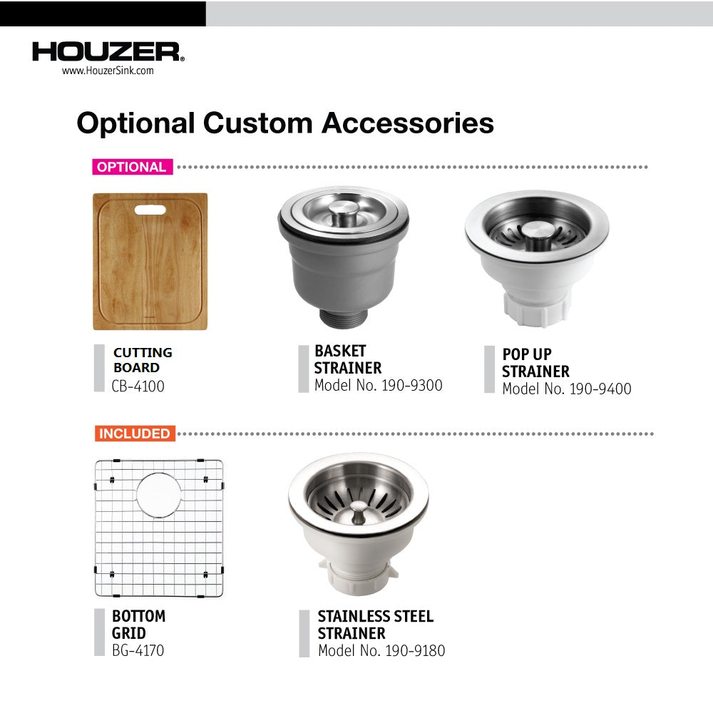 Houzer Savior 17" Stainless Steel Undermount Medium Bowl Kitchen Bar Sink with Strainer & Grid