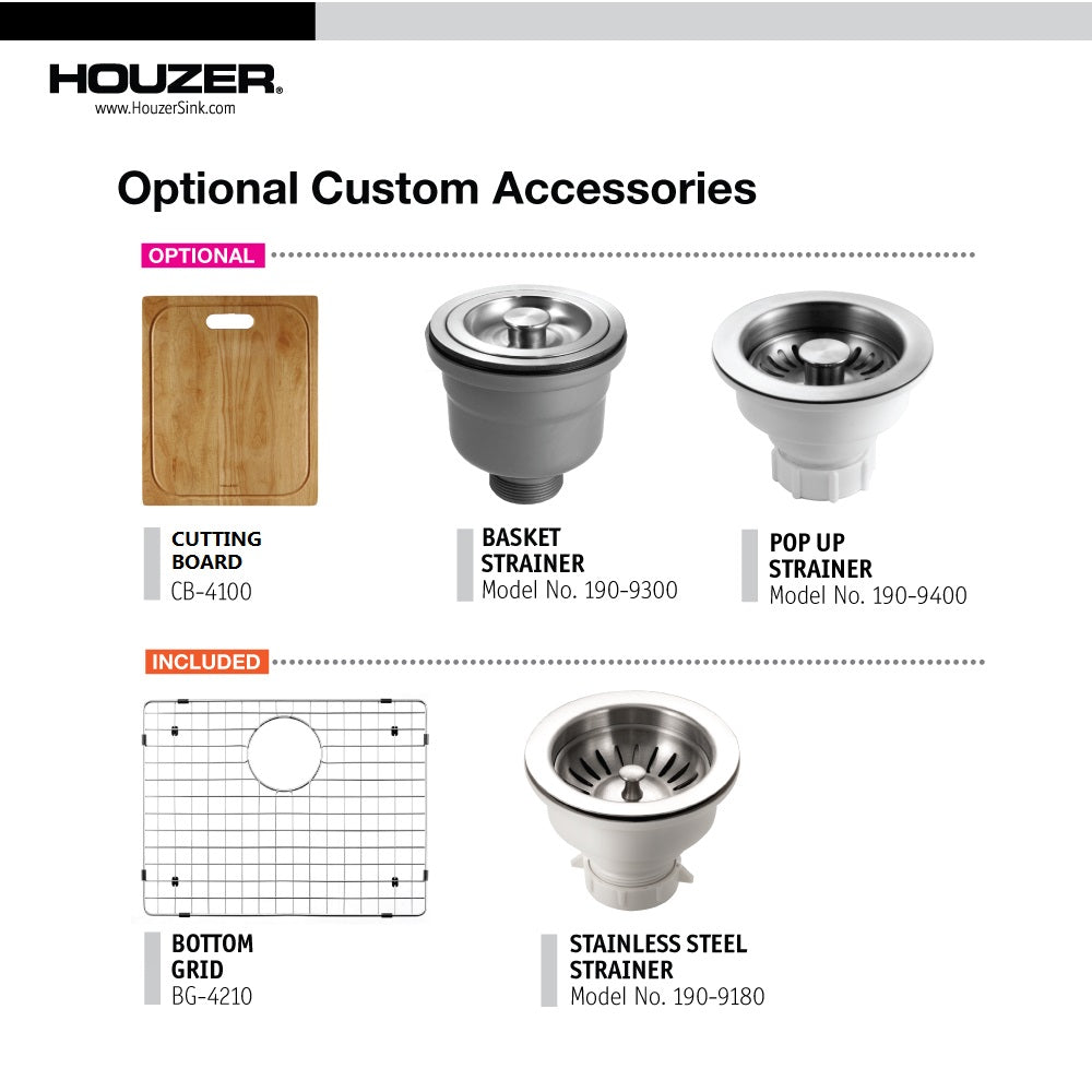 Houzer Savior 23" Stainless Steel Undermount Single Bowl Kitchen Sink with Strainer & Grid
