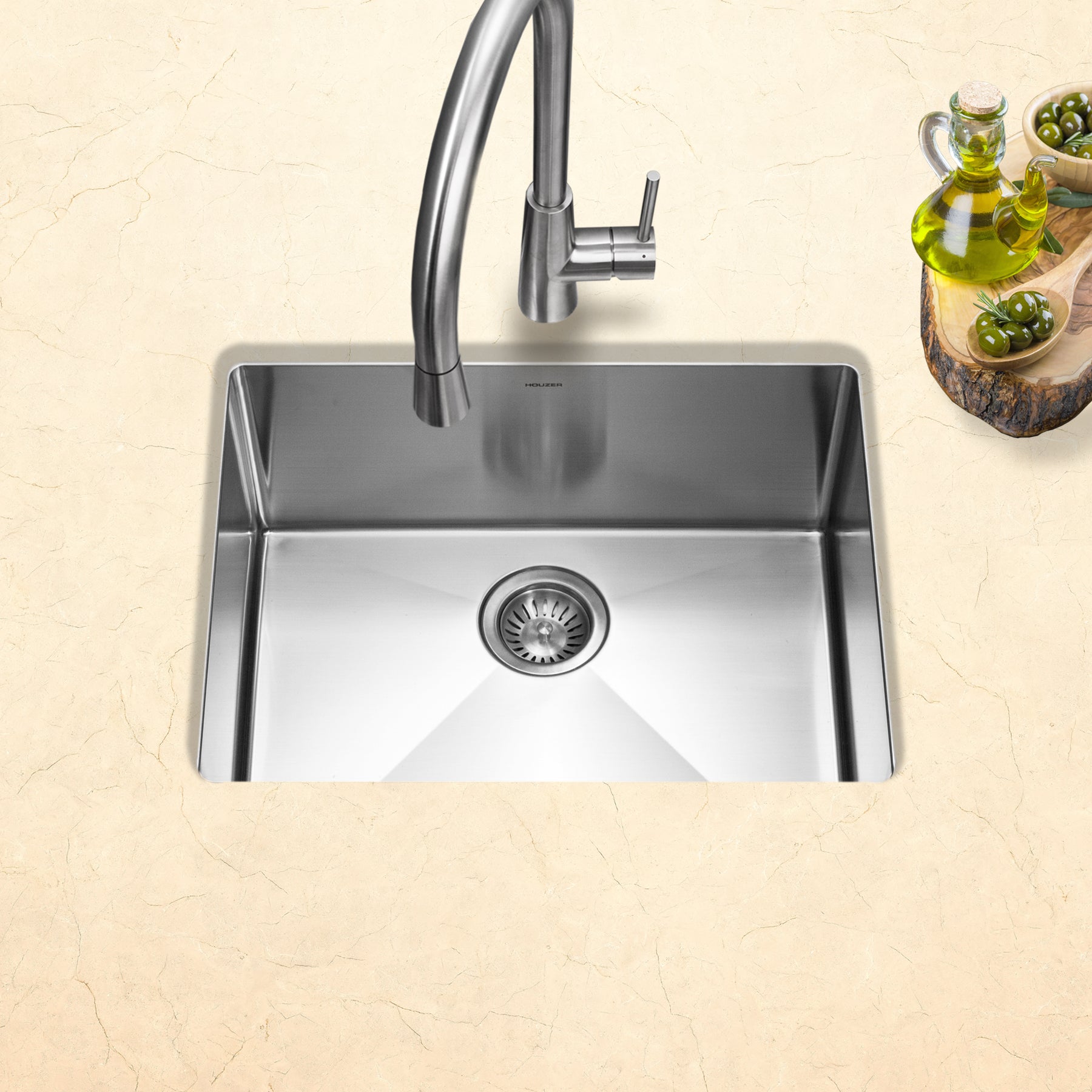 Houzer Savior 23" Stainless Steel Undermount Single Bowl Kitchen Sink with Strainer & Grid