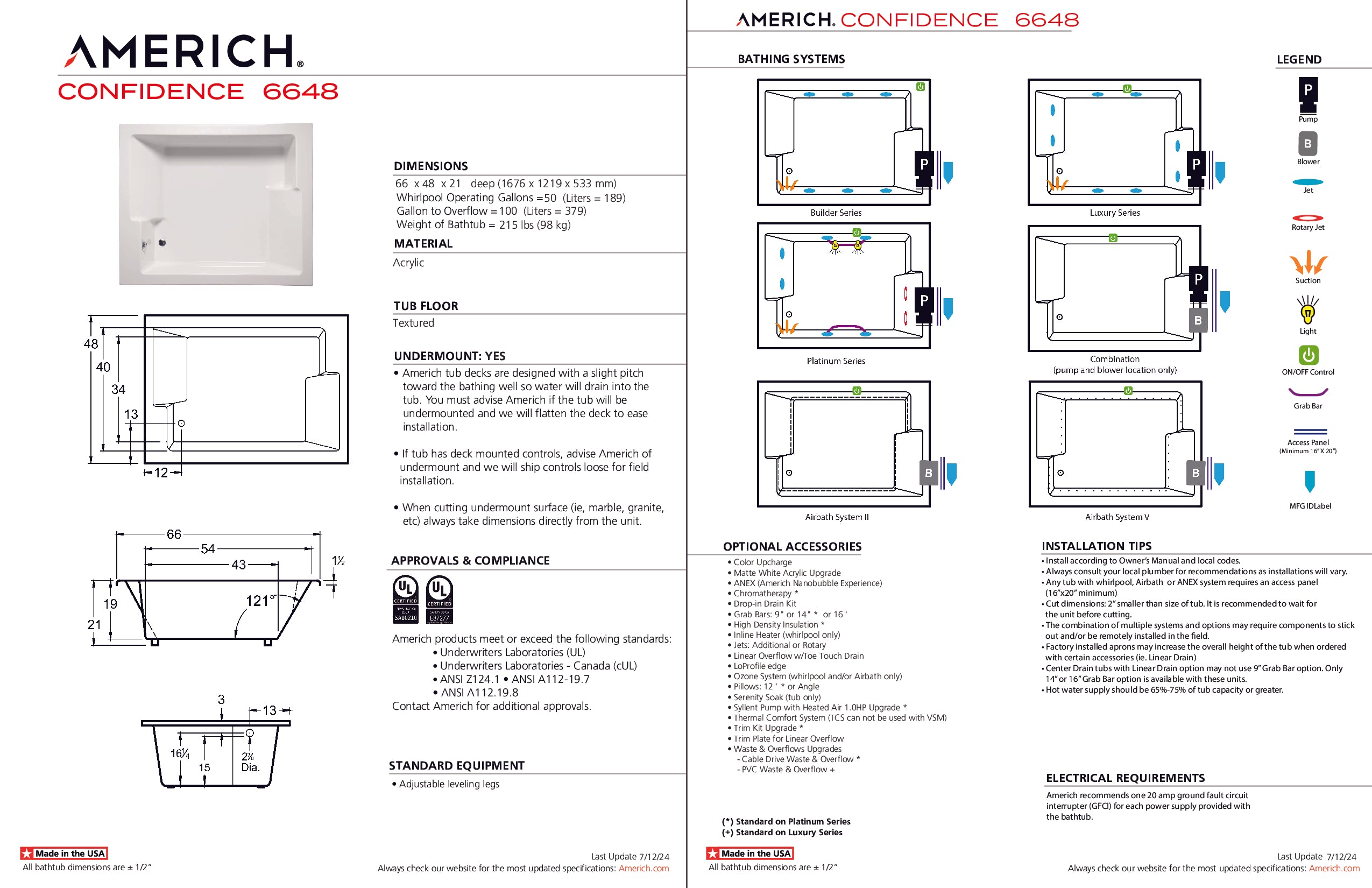 Americh Confidence 6648 - Tub Only Drop-in Bathtub CF6648T-WH