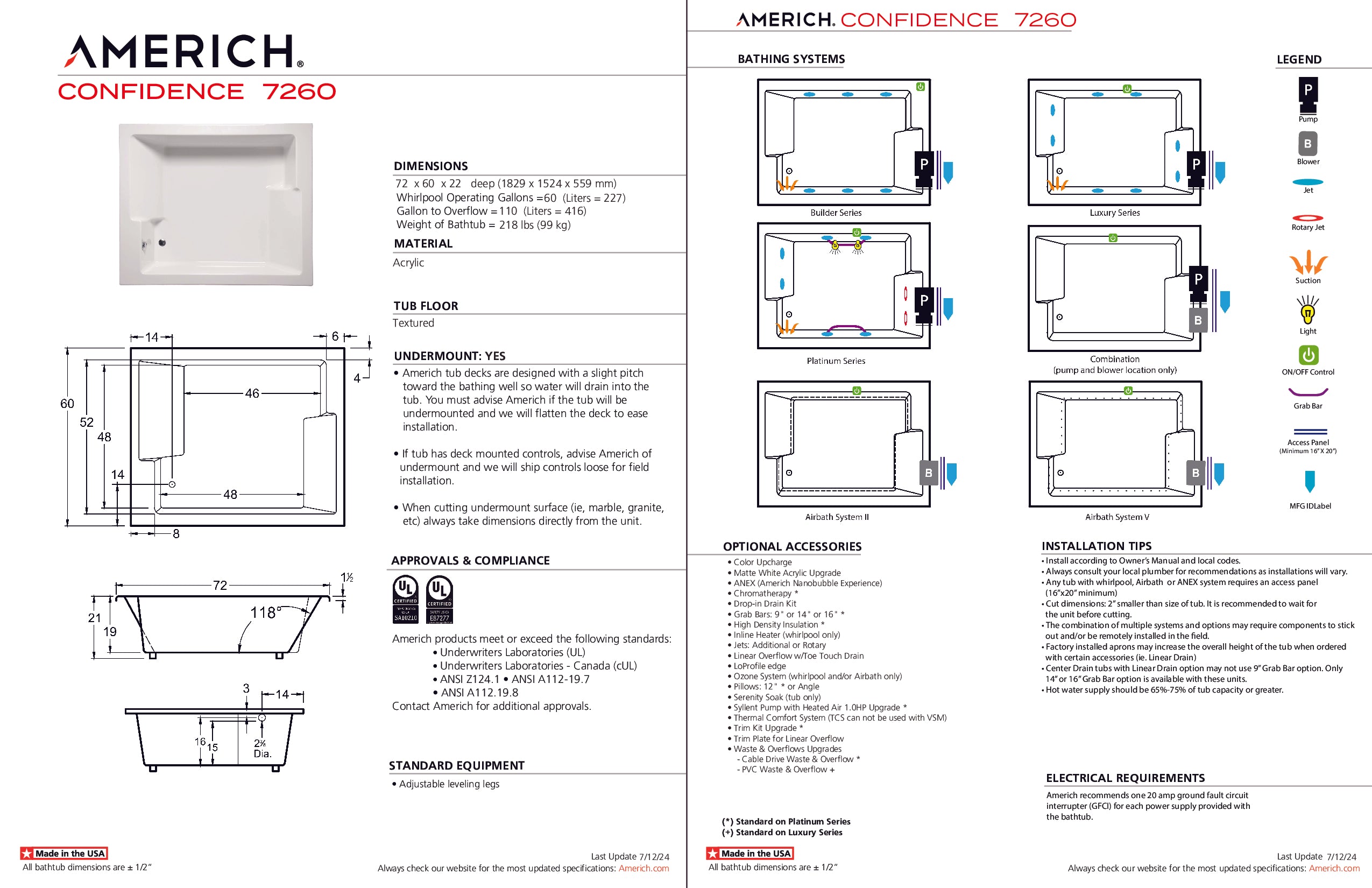 Americh Confidence 7260 - Builder Series Drop-in Bathtub CF7260B-WH
