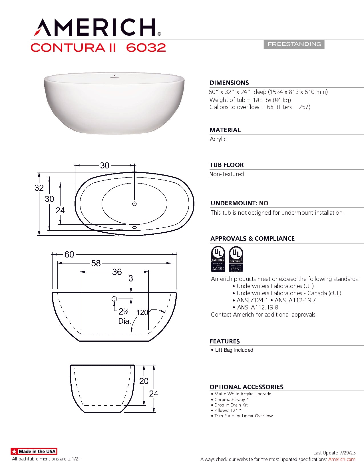 Americh Contura II 6032 - Tub Only Freestanding Bathtub CO6032T2-WH