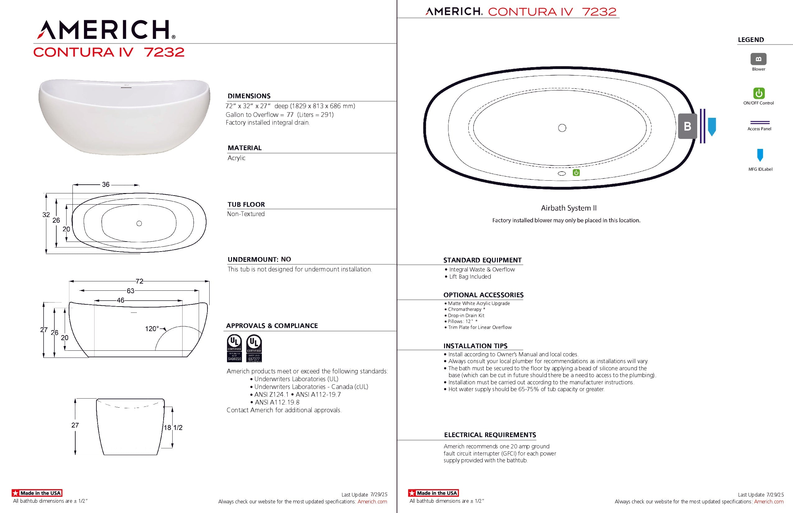 Americh Contura IV 7232 - Tub Only Freestanding Bathtub CO7232T4-WH