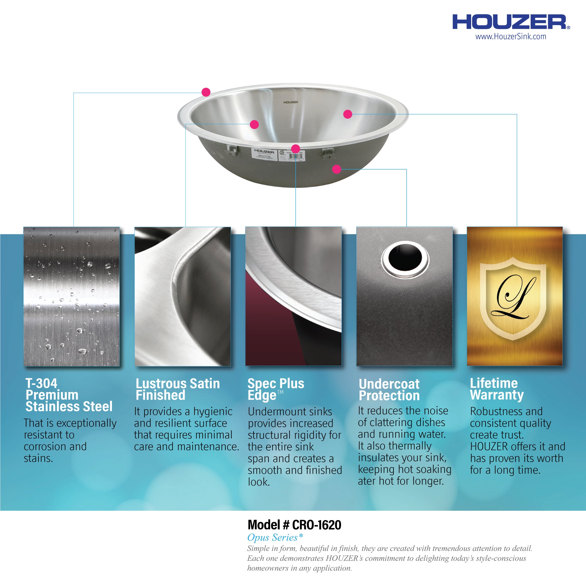 Houzer Opus 16" Stainless Steel Undermount Round Bathroom Sink with Overflow Assembly