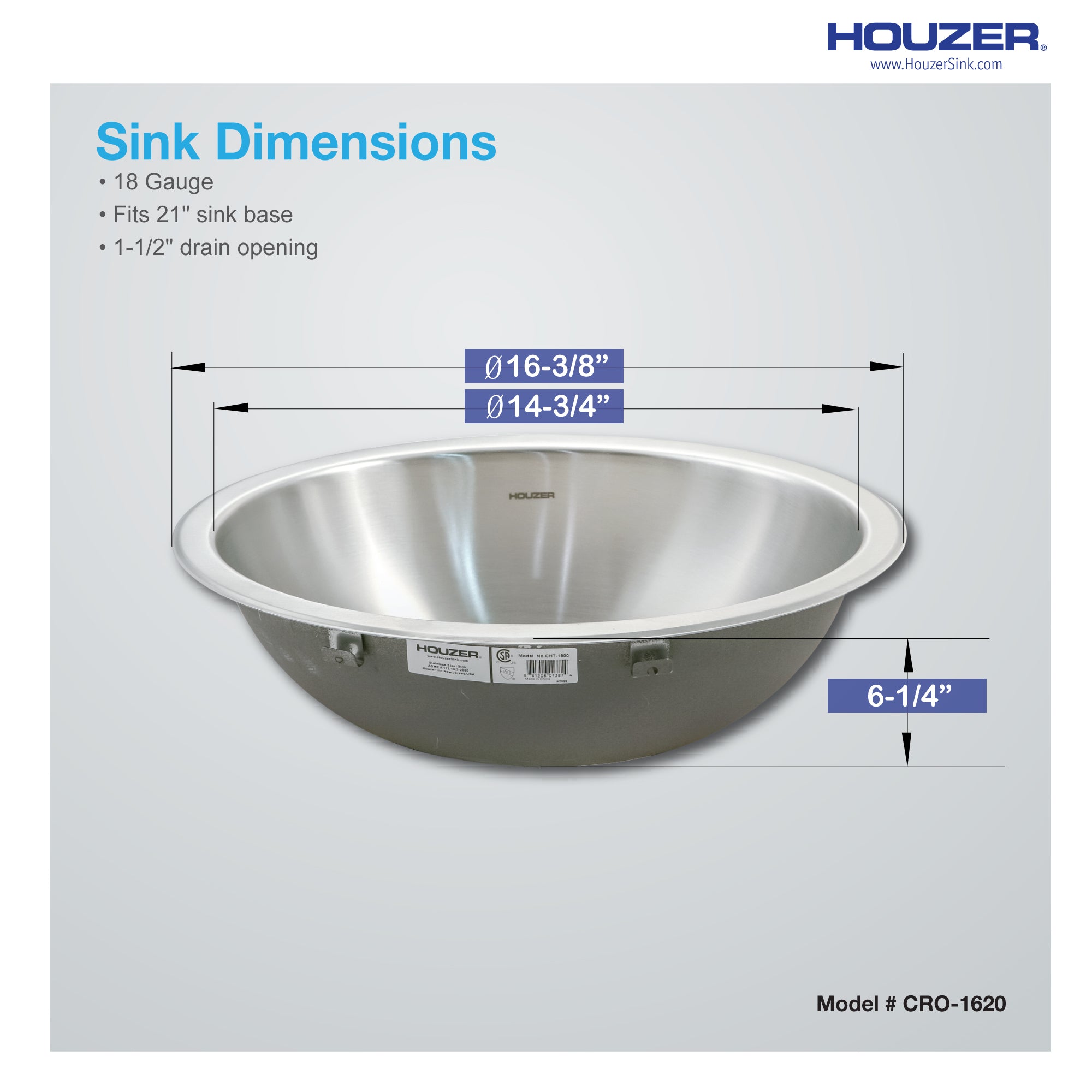 Houzer Opus 16" Stainless Steel Undermount Round Bathroom Sink with Overflow Assembly