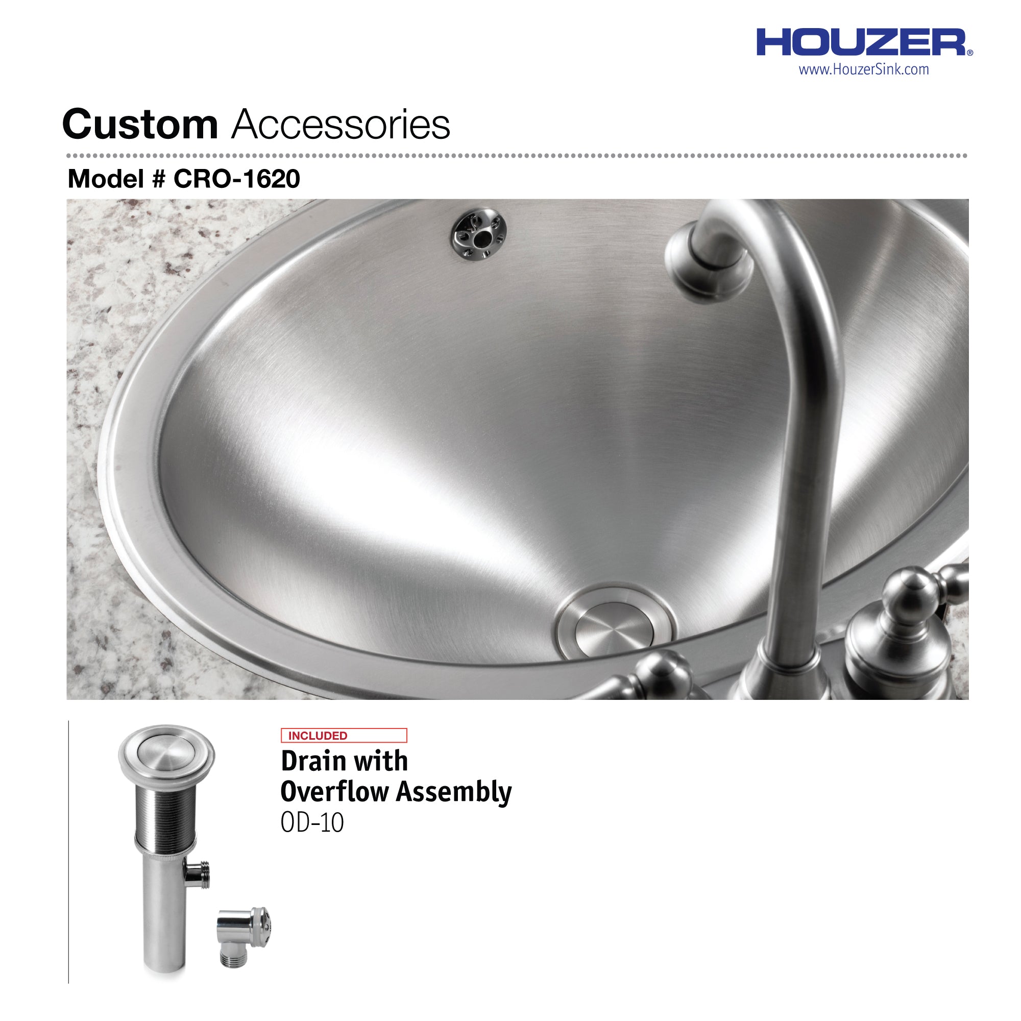 Houzer Opus 16" Stainless Steel Undermount Round Bathroom Sink with Overflow Assembly