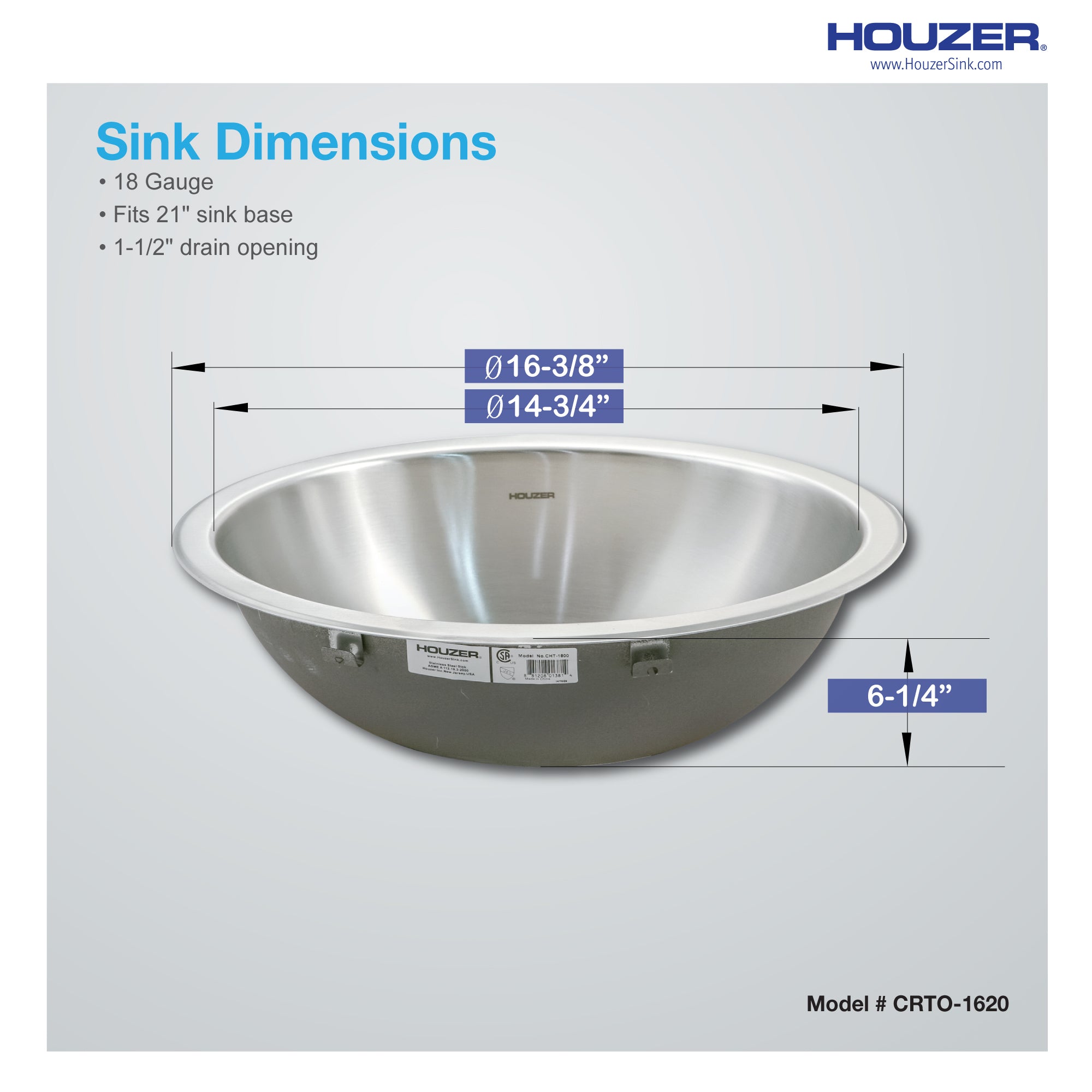 Houzer Opus 16" Stainless Steel Drop-in Topmount Round Bowl Bathroom Sink with Overflow Assembly