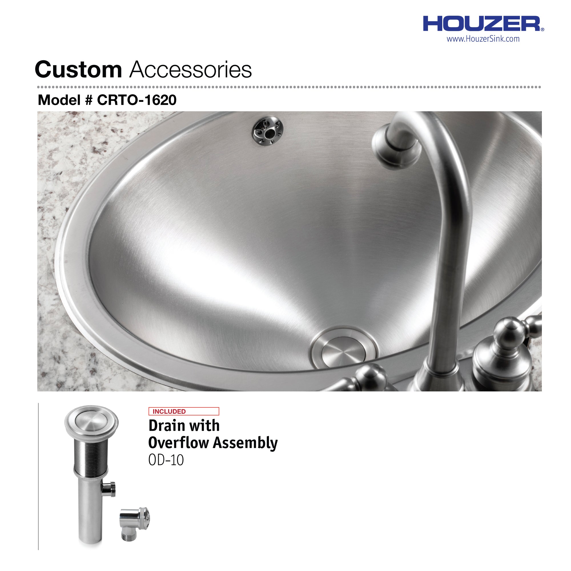 Houzer Opus 16" Stainless Steel Drop-in Topmount Round Bowl Bathroom Sink with Overflow Assembly