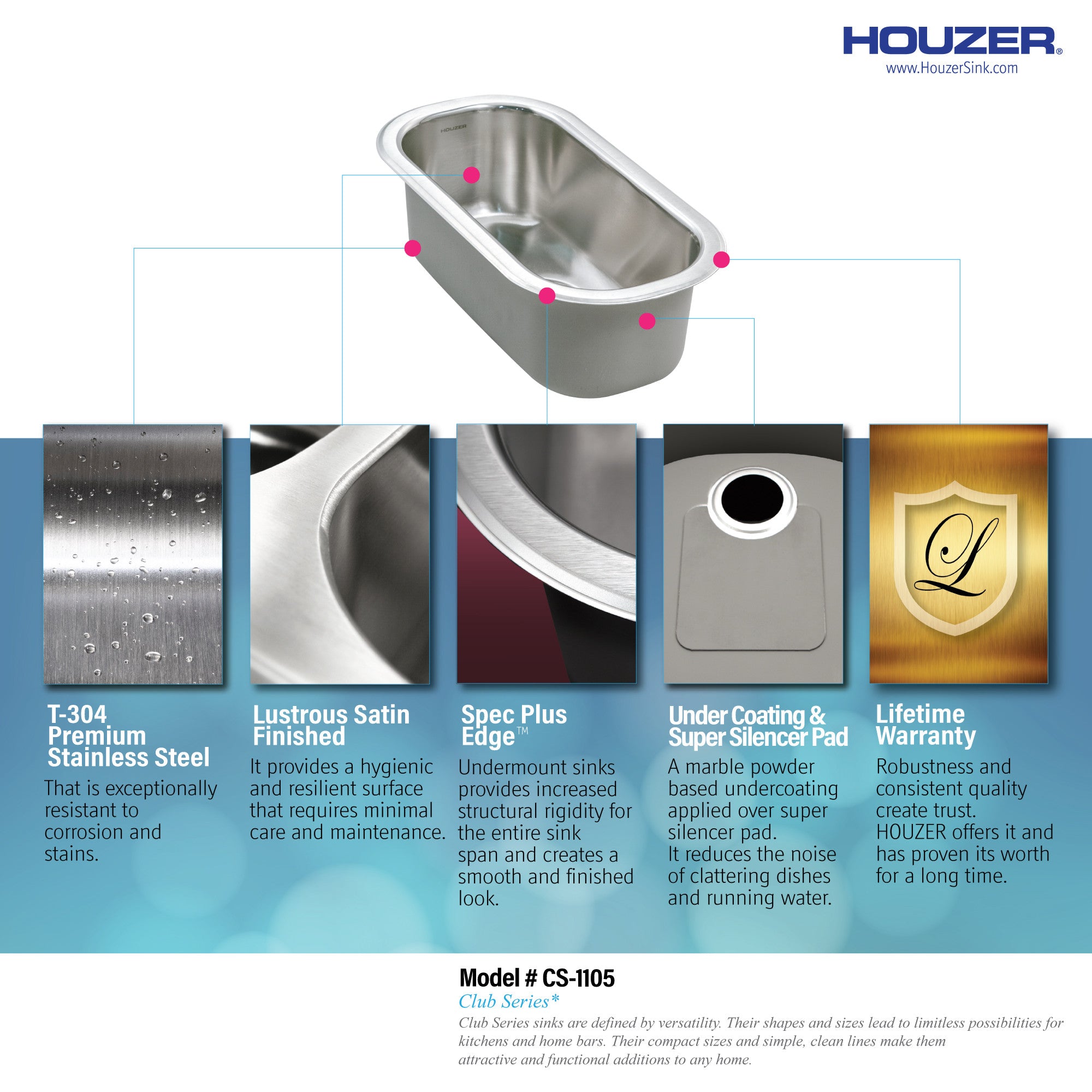 Houzer Club 10 inch Stainless Steel Undermount Compact Single Bowl Bar Sink - CS-1105