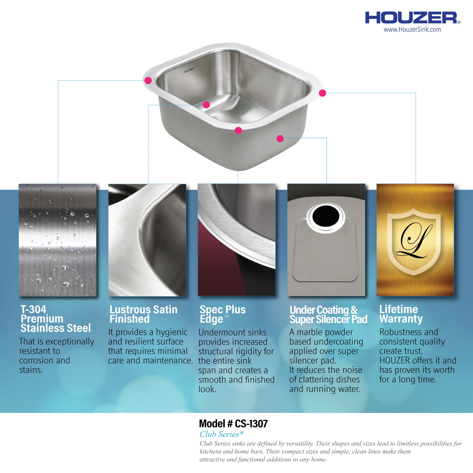 Houzer Club 13 inch Stainless Steel Undermount Small Bar and Prep Sink - CS-1307