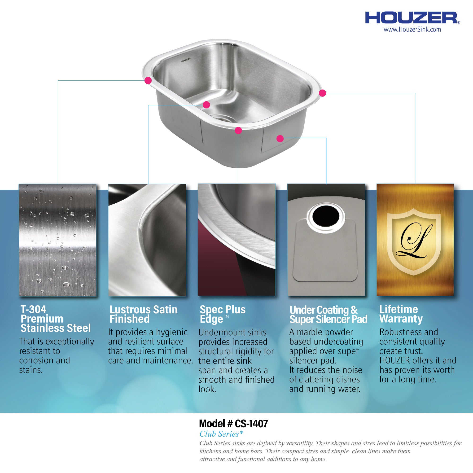 Houzer Club 14 inch Stainless Steel Undermount Medium Bar and Prep Sink - CS-1407