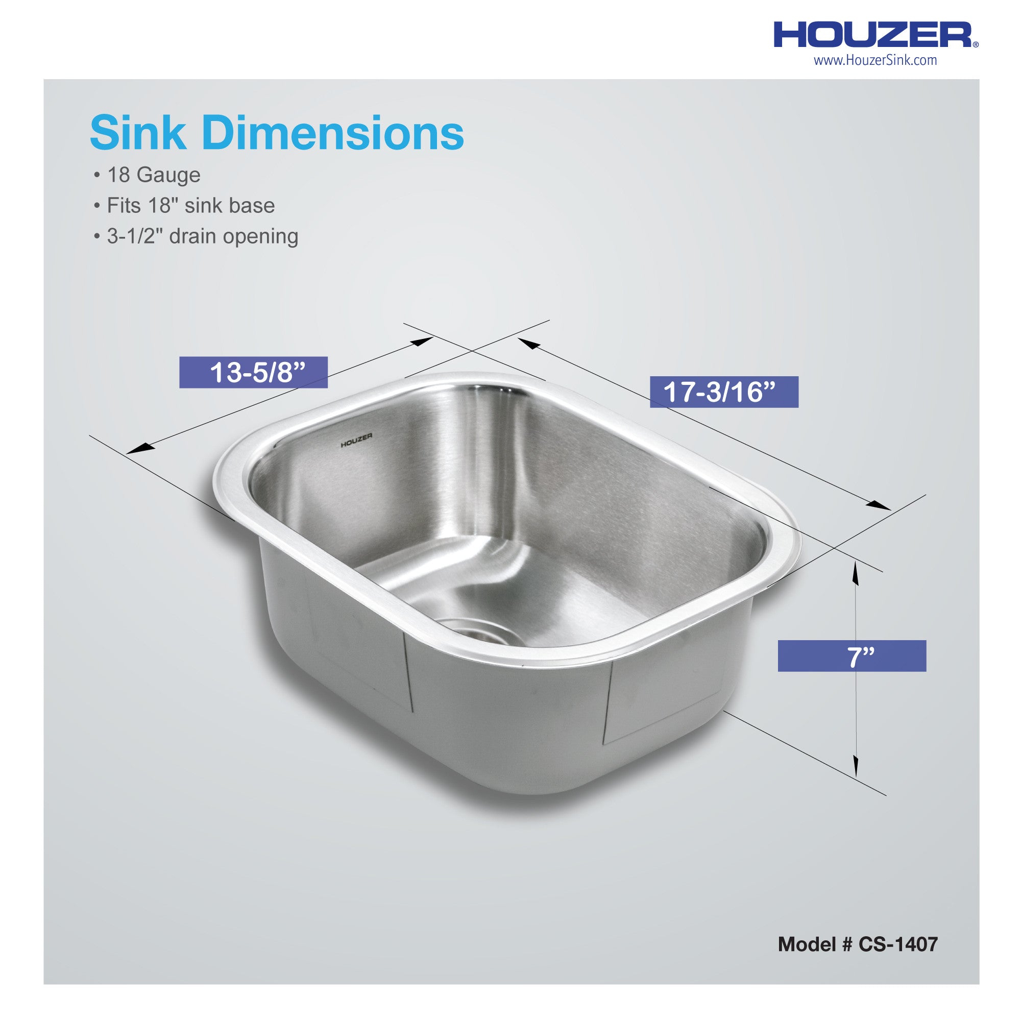 Houzer Club 14 inch Stainless Steel Undermount Medium Bar and Prep Sink - CS-1407