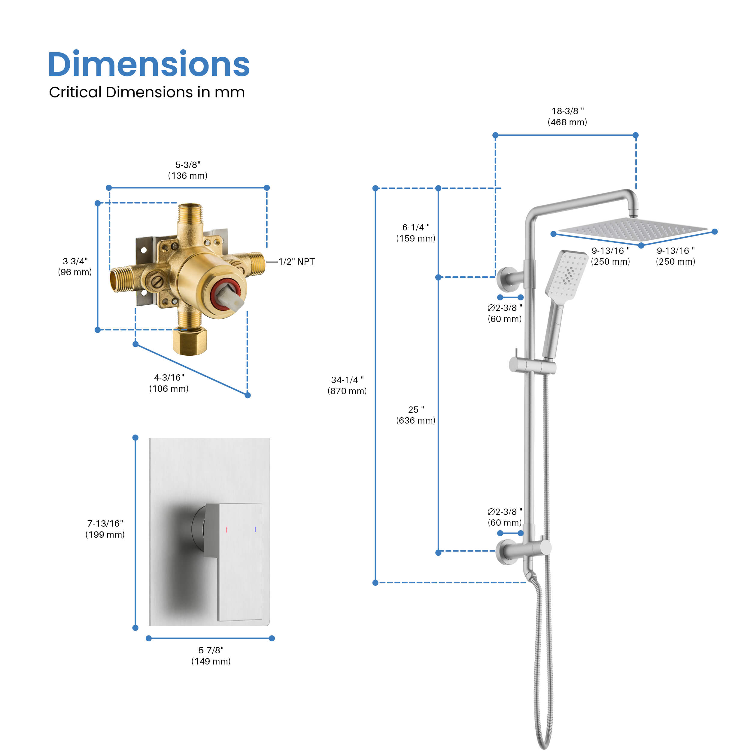 Quadra Pressure Balanced 2-Function Shower Column with Rough In Valve