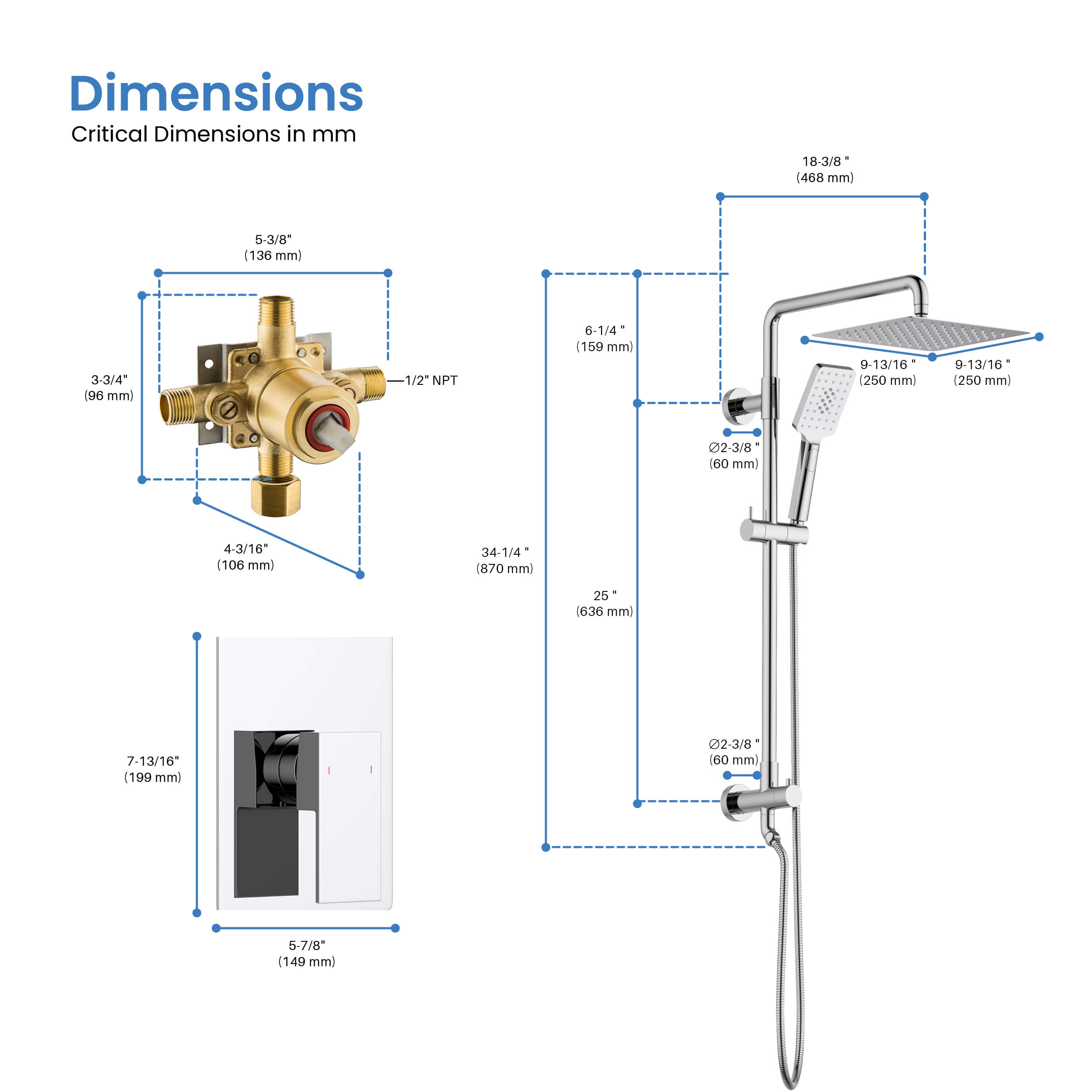 Quadra Pressure Balanced 2-Function Shower Column with Rough In Valve