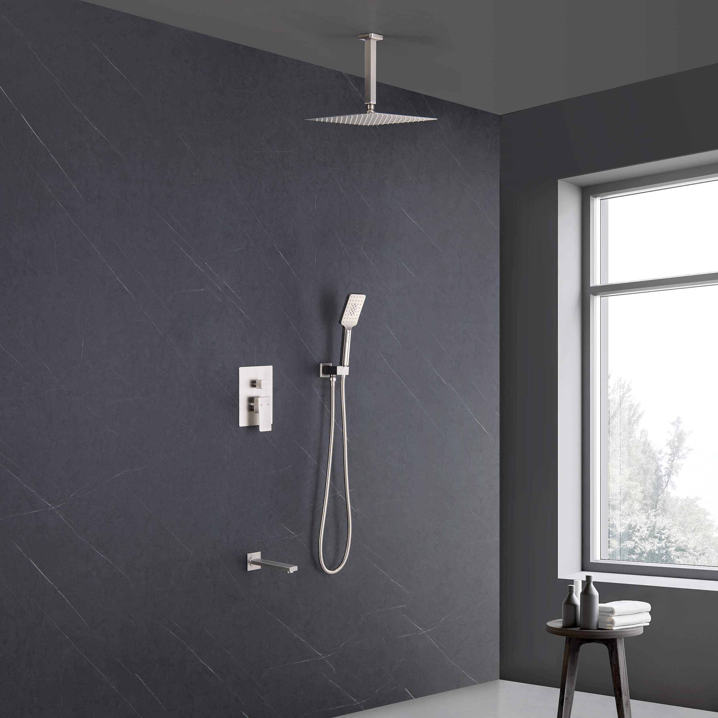 Quadra Pressure Balanced 3-Function Ceiling Mount Shower System with Rough-In Valve
