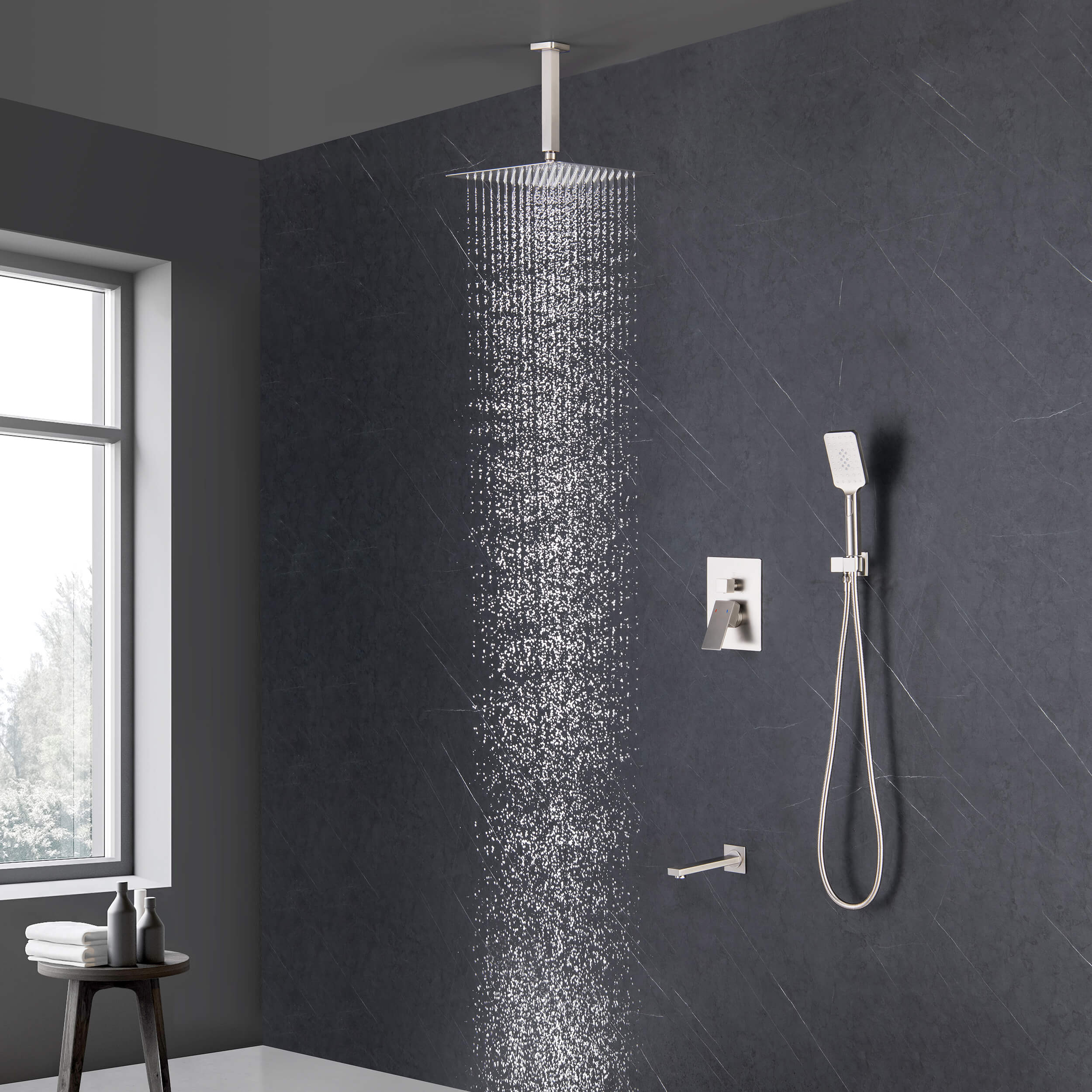 Quadra Pressure Balanced 3-Function Ceiling Mount Shower System with Rough-In Valve