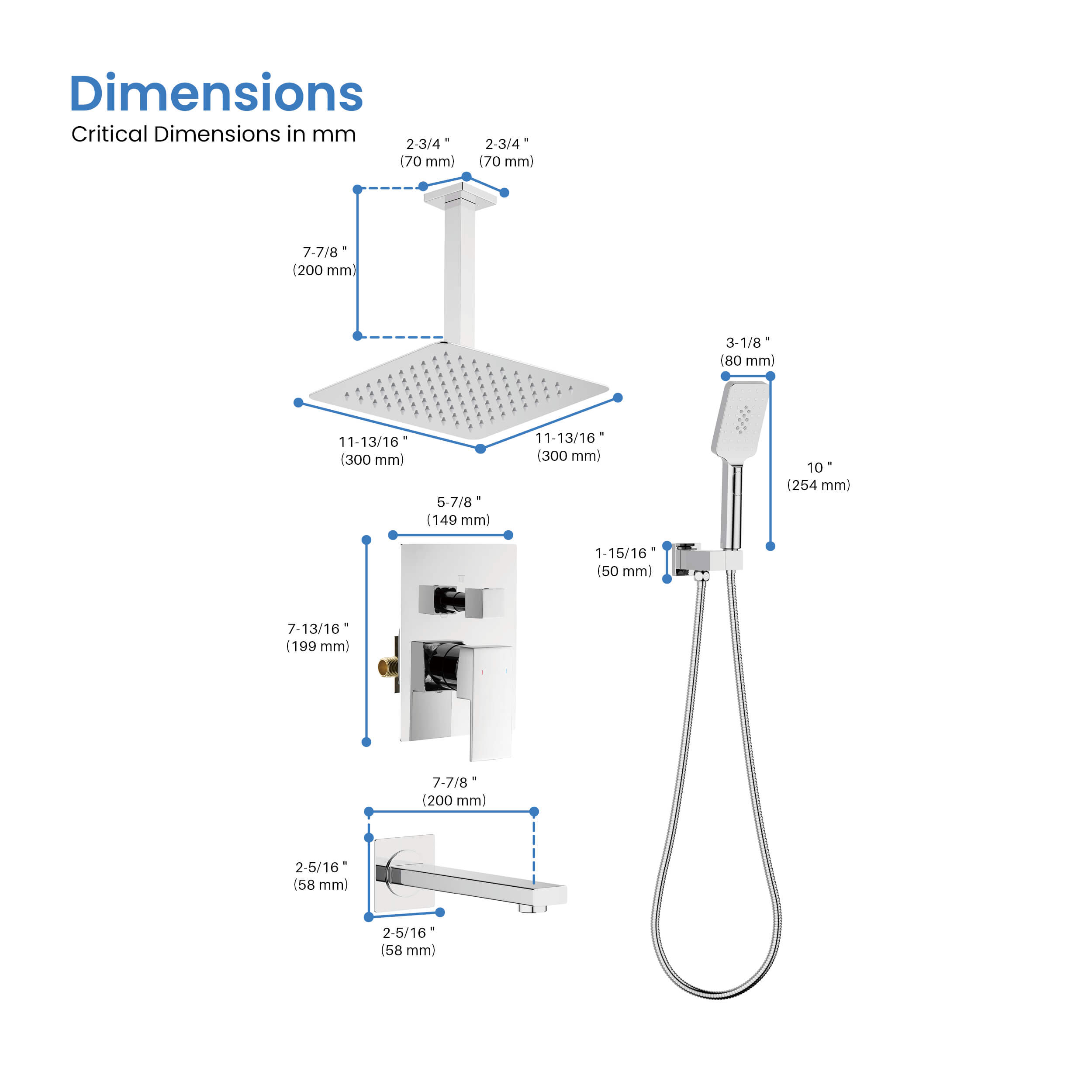 Quadra Pressure Balanced 3-Function Ceiling Mount Shower System with Rough-In Valve