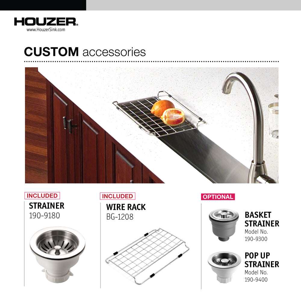 Houzer Contempo Trough 23" Stainless Steel Undermount Bar Sink with Strainer and Grid