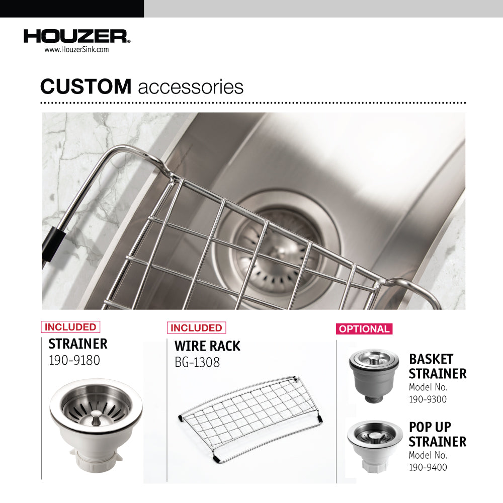 Houzer Contempo Trough 33" Stainless Steel Undermount Single Curved Bowl Bar Sink with Strainer & Grid