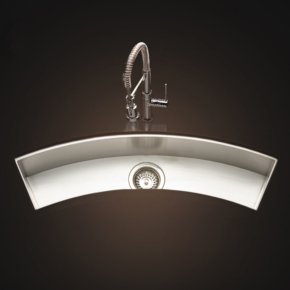 Houzer Contempo Trough 33" Stainless Steel Undermount Single Curved Bowl Bar Sink with Strainer & Grid