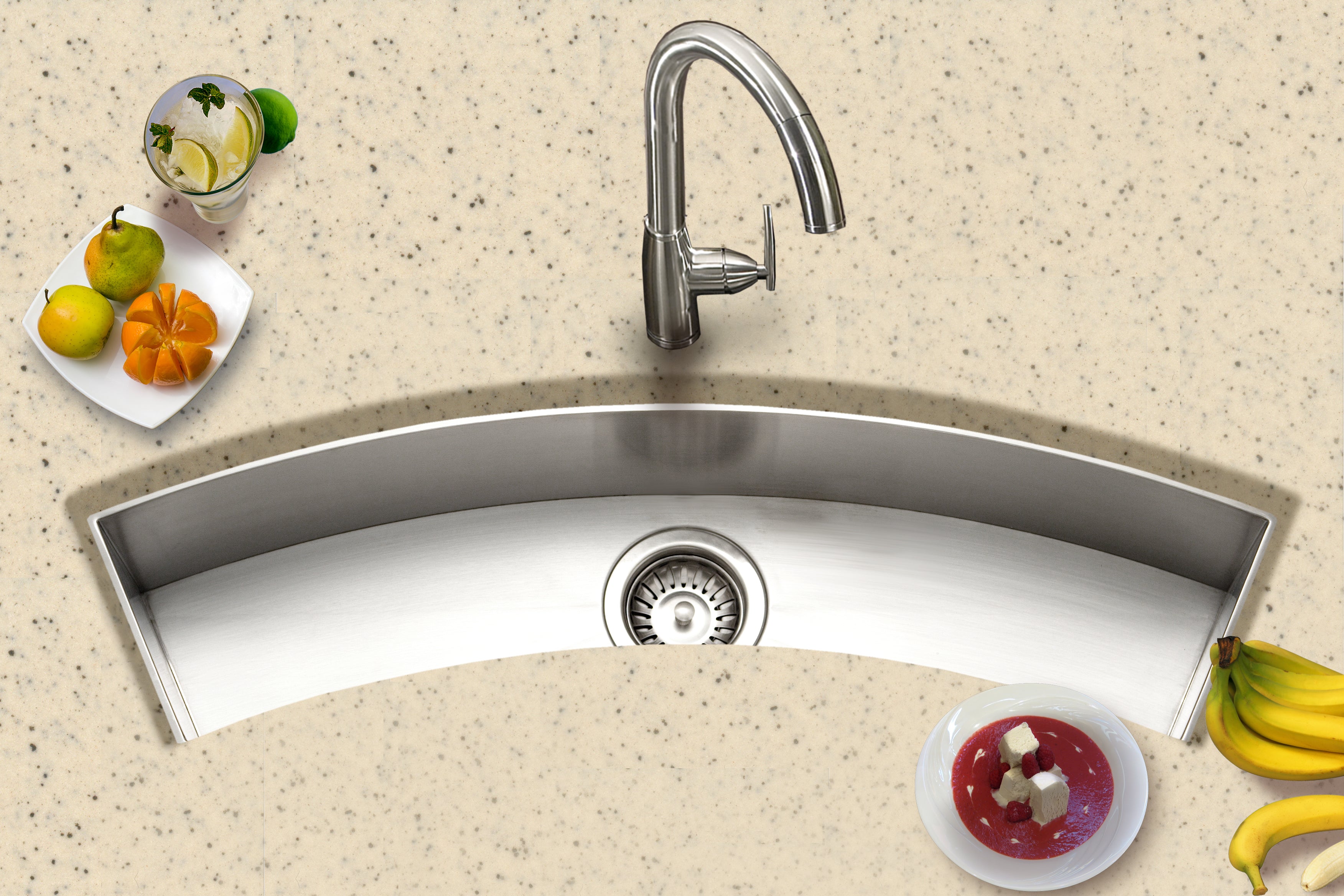 Houzer Contempo Trough 33" Stainless Steel Undermount Single Curved Bowl Bar Sink with Strainer & Grid