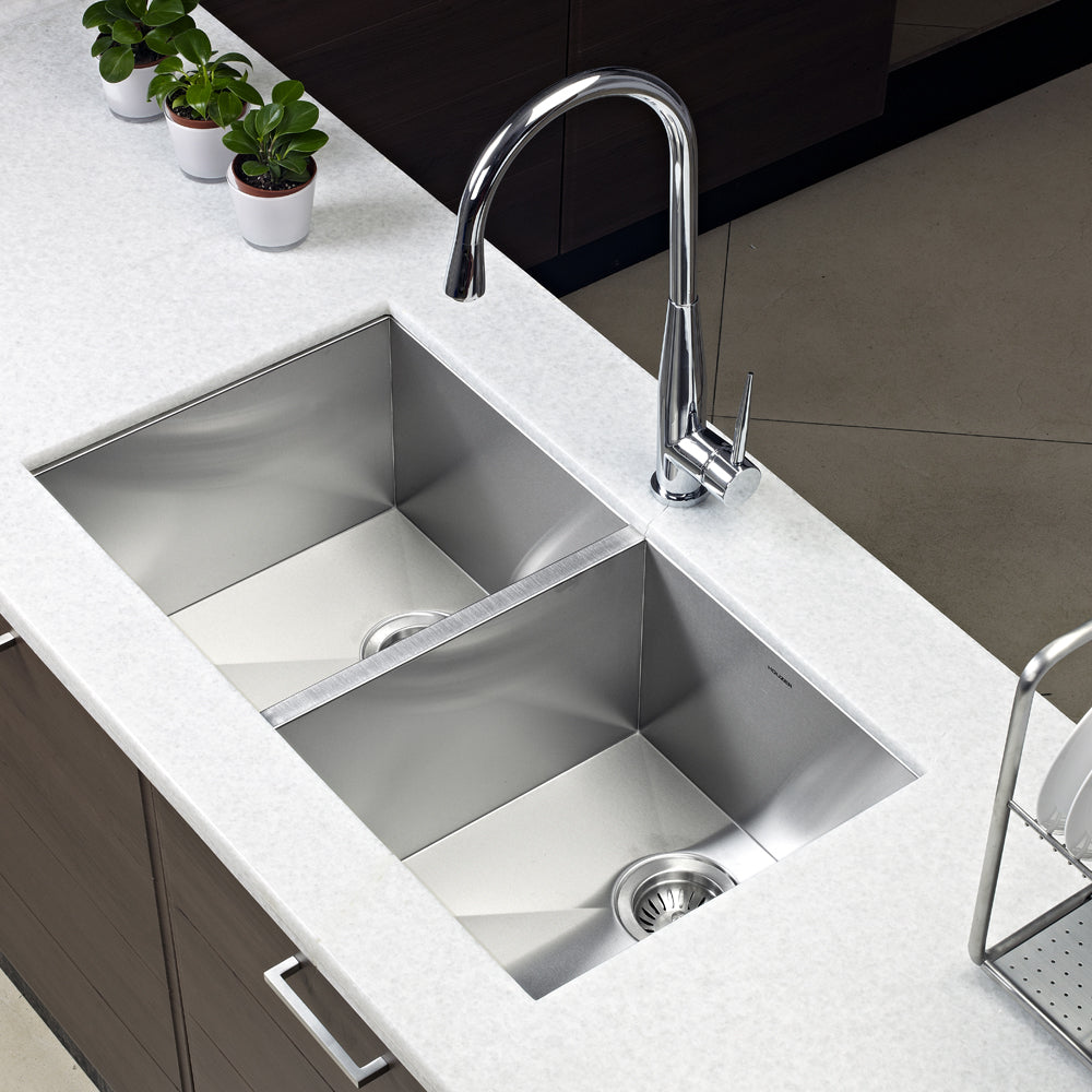 Houzer Contempo 33" Stainless Steel Undermount 50/50 Double Bowl Kitchen Sink with Strainer & Grid
