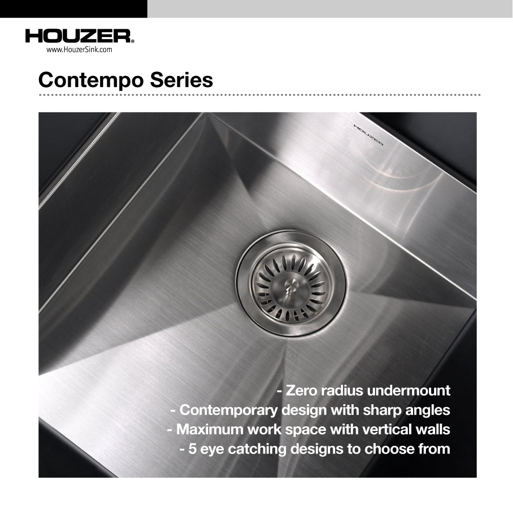 Houzer Contempo 33" Stainless Steel Undermount 50/50 Double Bowl Kitchen Sink with Strainer & Grid