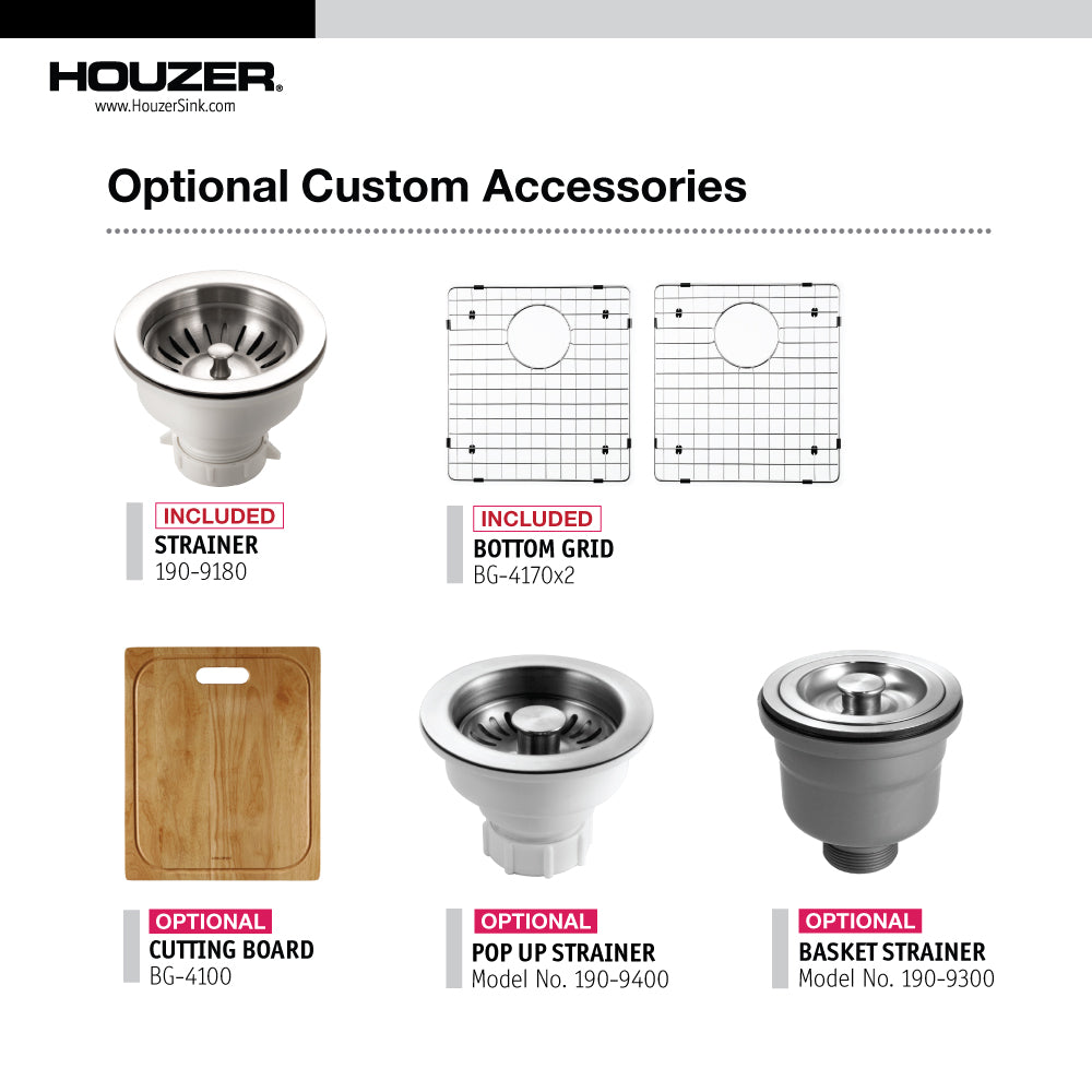 Houzer Contempo 33" Stainless Steel Undermount 50/50 Double Bowl Kitchen Sink with Strainer & Grid