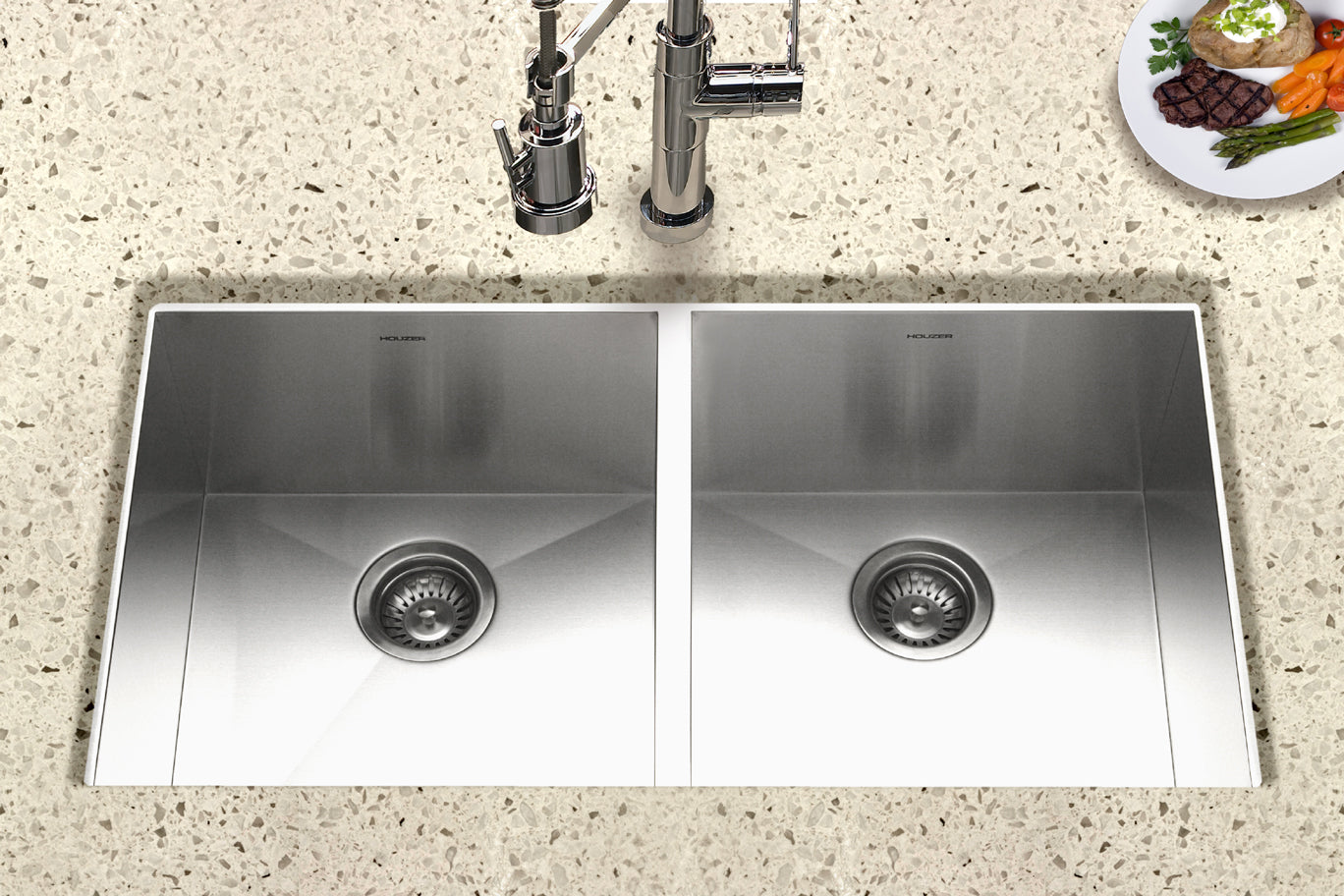 Houzer Contempo 33" Stainless Steel Undermount 50/50 Double Bowl Kitchen Sink with Strainer & Grid