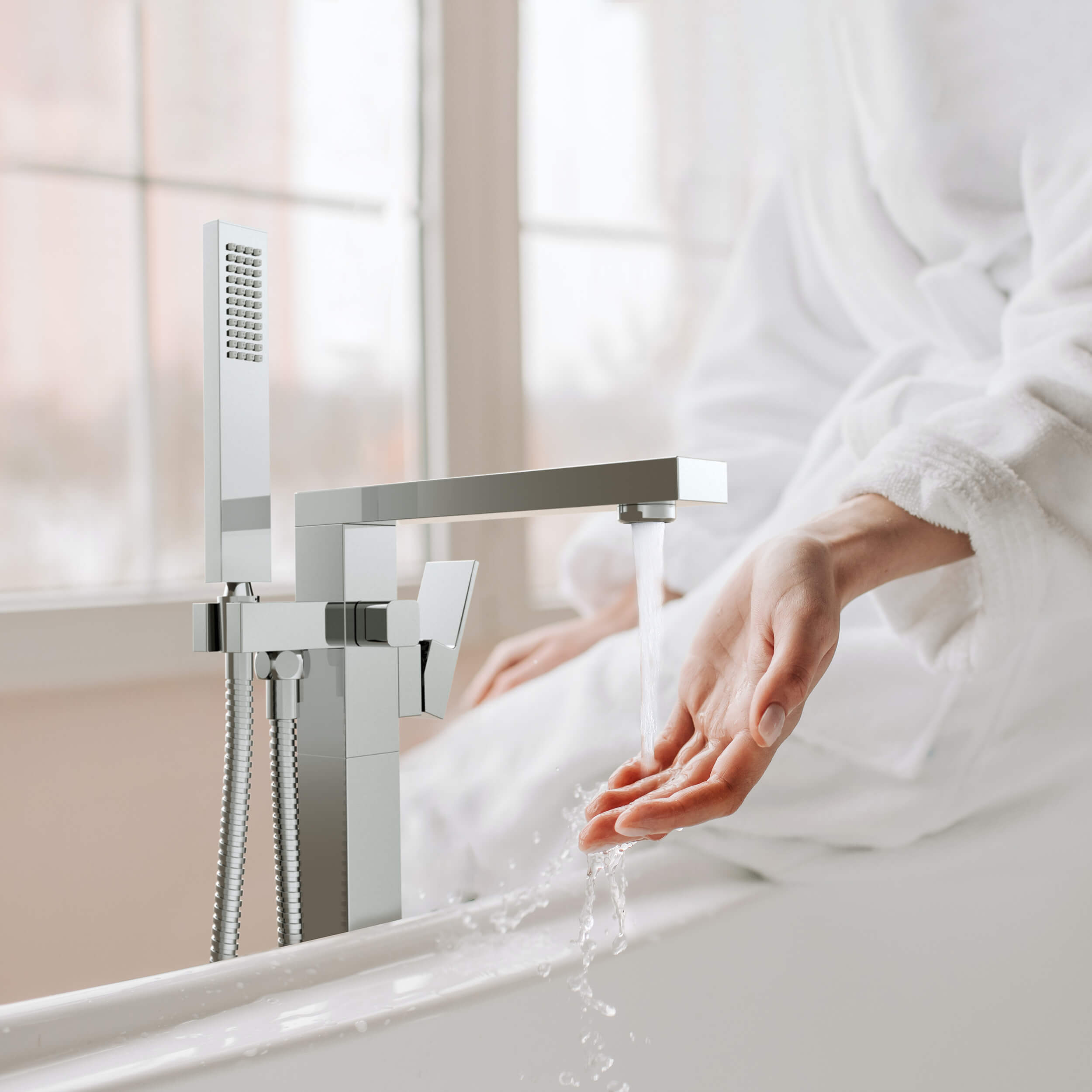Quadra Floor Mount Tub Filler With Hand Shower