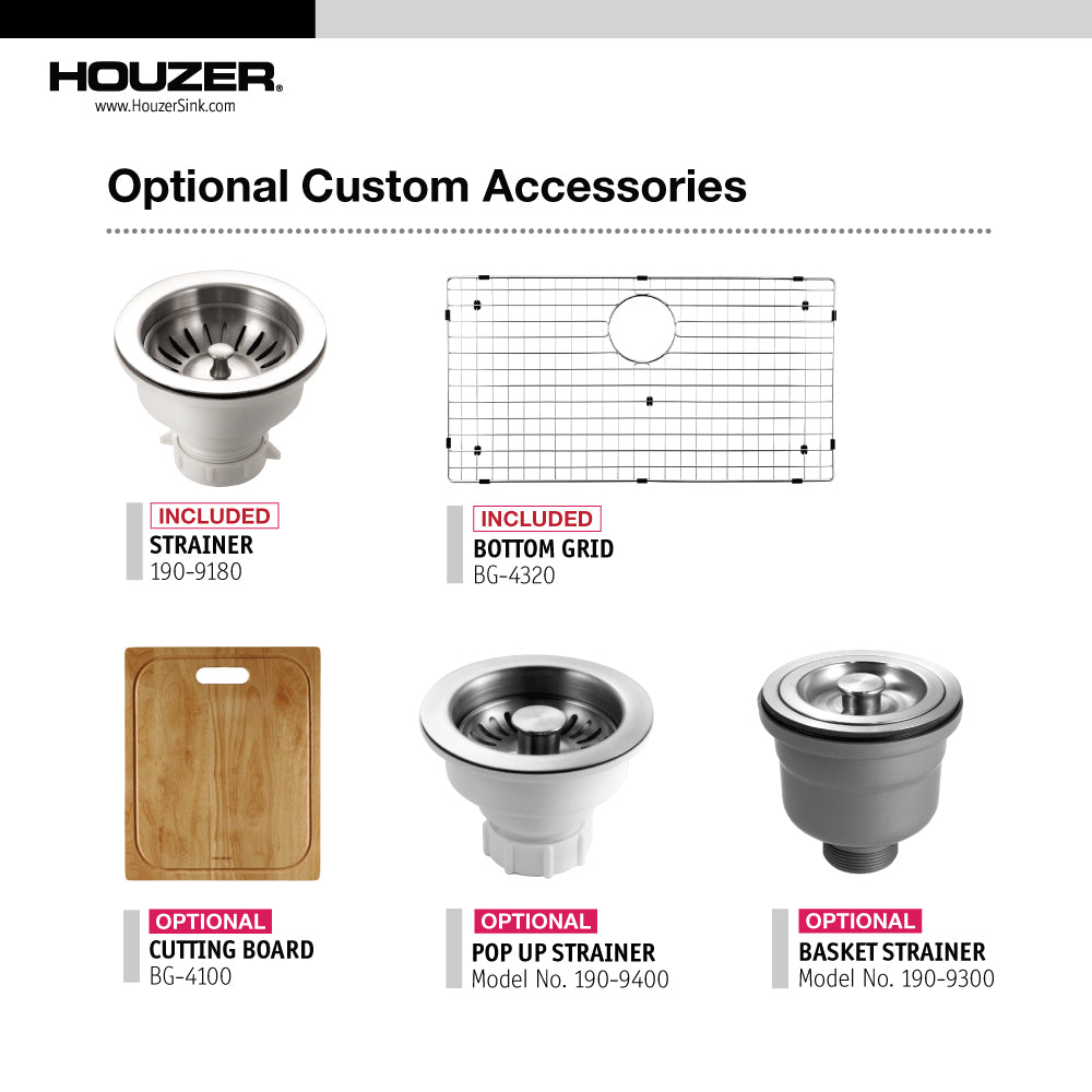 Houzer Contempo 32" Stainless Steel Undermount Single Bowl Kitchen Sink with Strainer & Grid